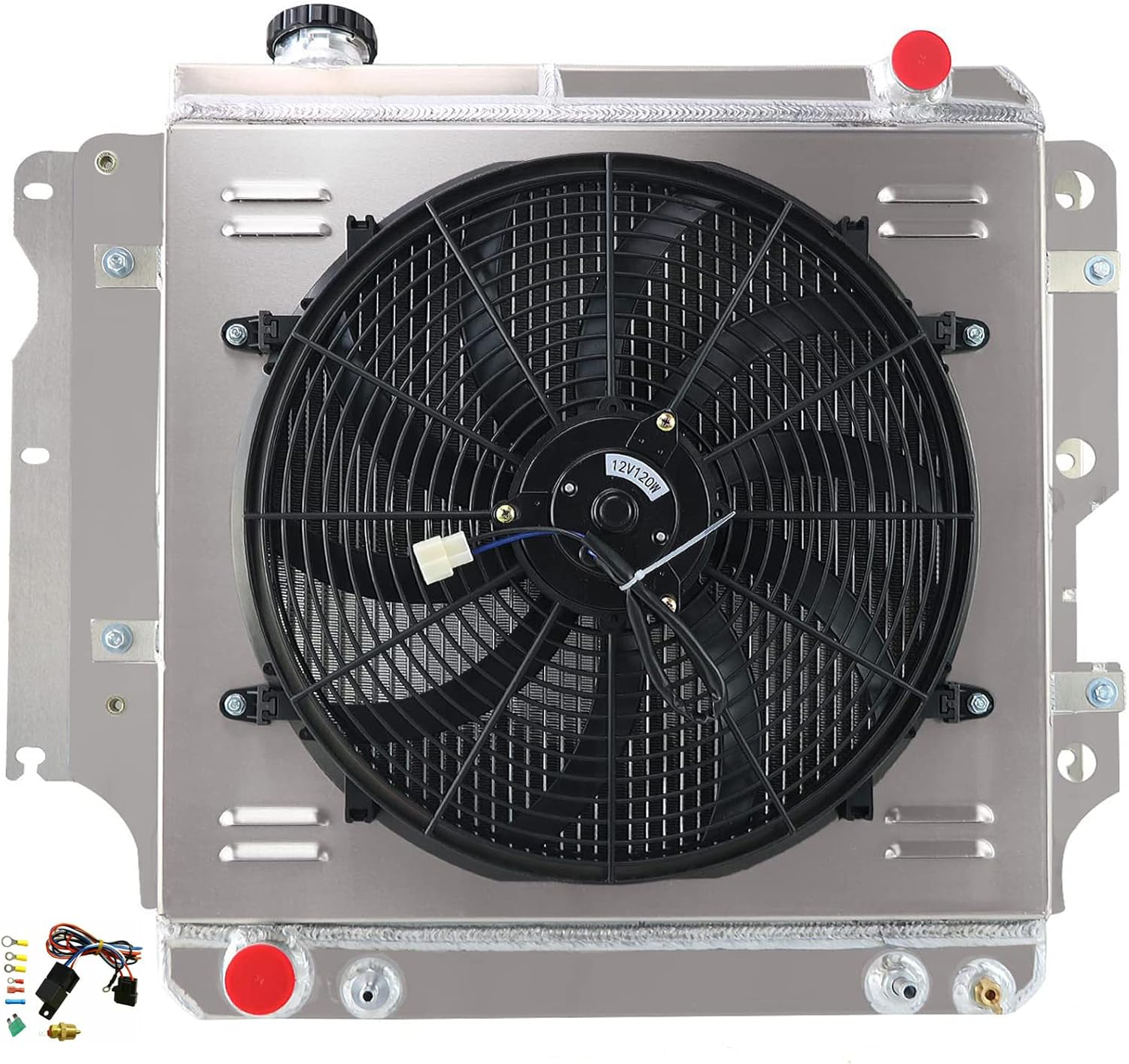 3 Row Aluminum Radiator Shroud Fan Relay for 1987-2006 Jeep Wrangler TJ 88 89 90 91 92 93 94 95 96 97 98 99 01 02 03 04 05 Radiators 2.4L 2.5L 4.0L 4.2L L4 L6