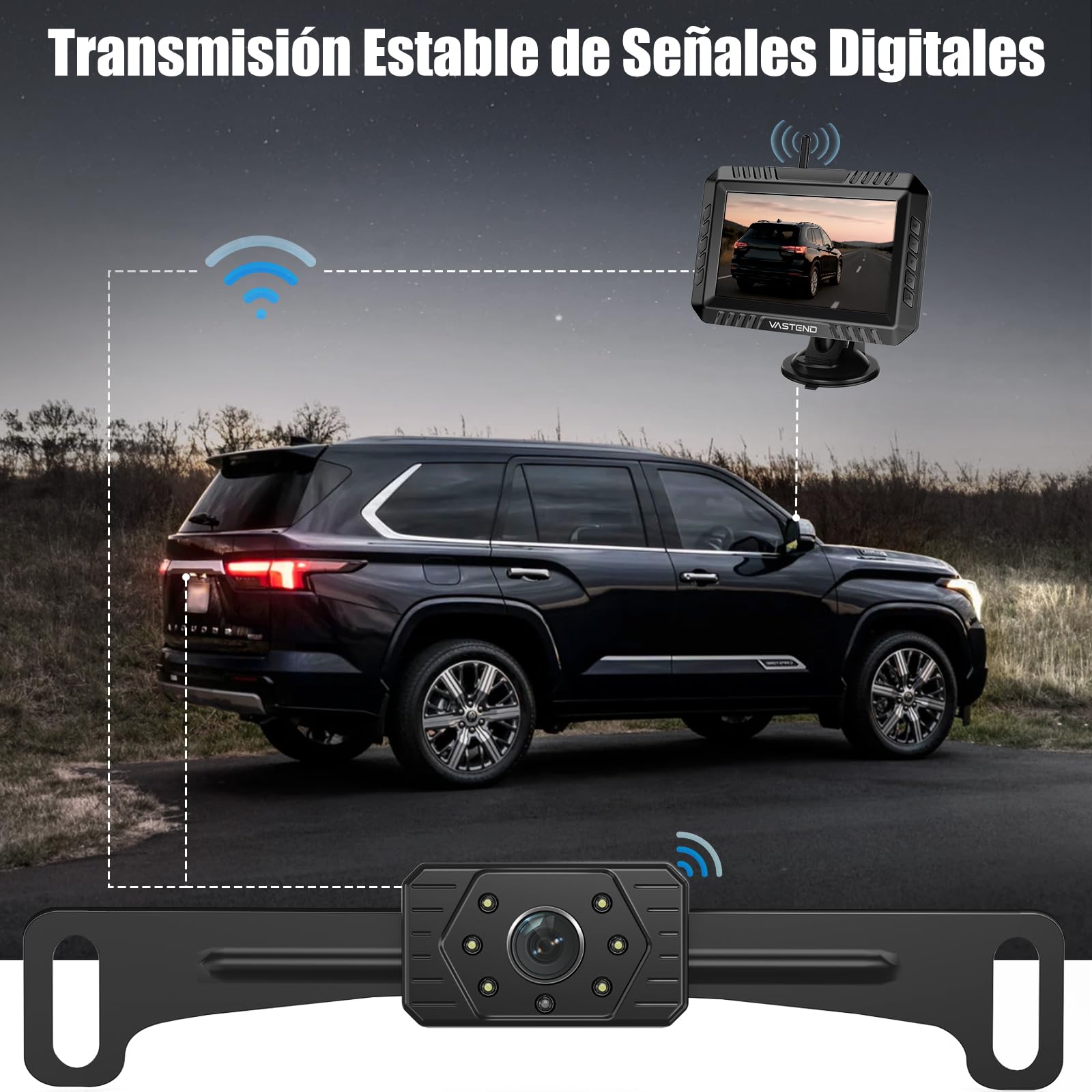 Cámara Marcha Atrás Inalámbrica 5 Pulgadas, Sistema Aparcamiento Digital 200M 1080P con Monitor, Visión Nocturna Infrarroja, IP67 Impermeable, 12V-36V para Camiones Furgonetas Caravanas(VE-5A)