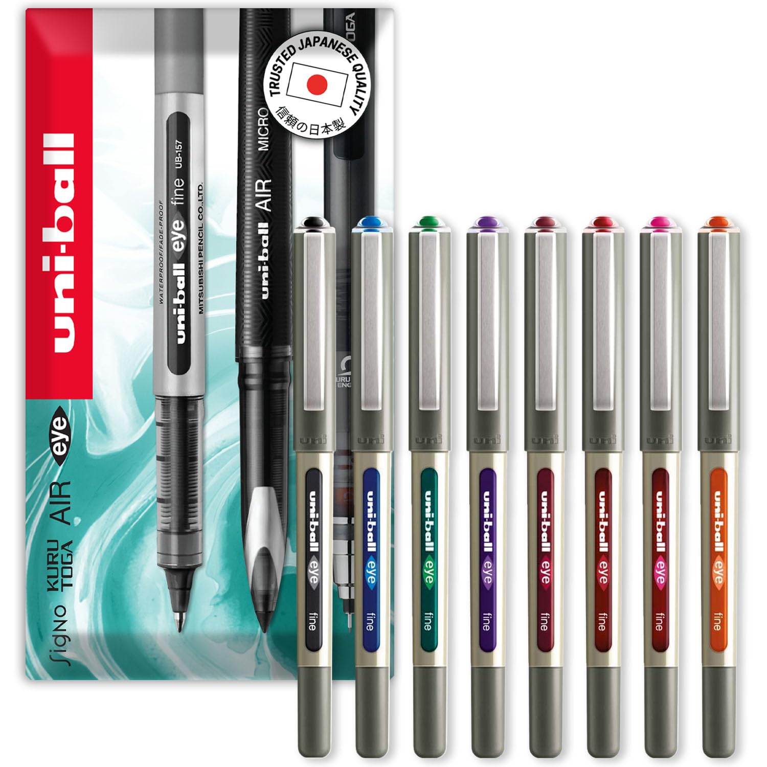 EYE - UB-157E Rollerball Pens - 0.7mm Nib - Essential Set - Pack of 8 - In Envelope Gift Set Packaging