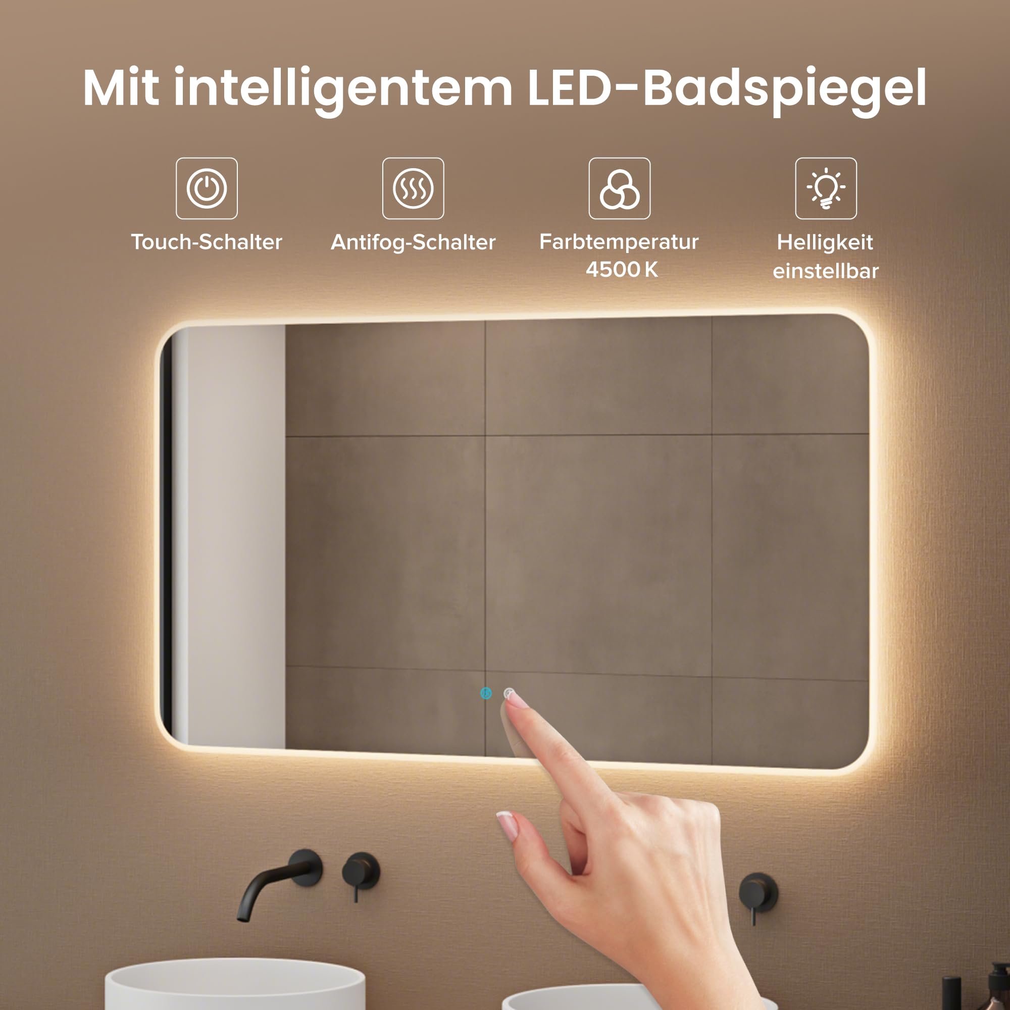 doporro Badmöbel-Set Badezimmerschrank Waschbeckenunterschrank in Beton BxTxH 120x48x51,6cm inkl. Minralguss-Waschbecken in schwarz und LED-Badspiegel Normal