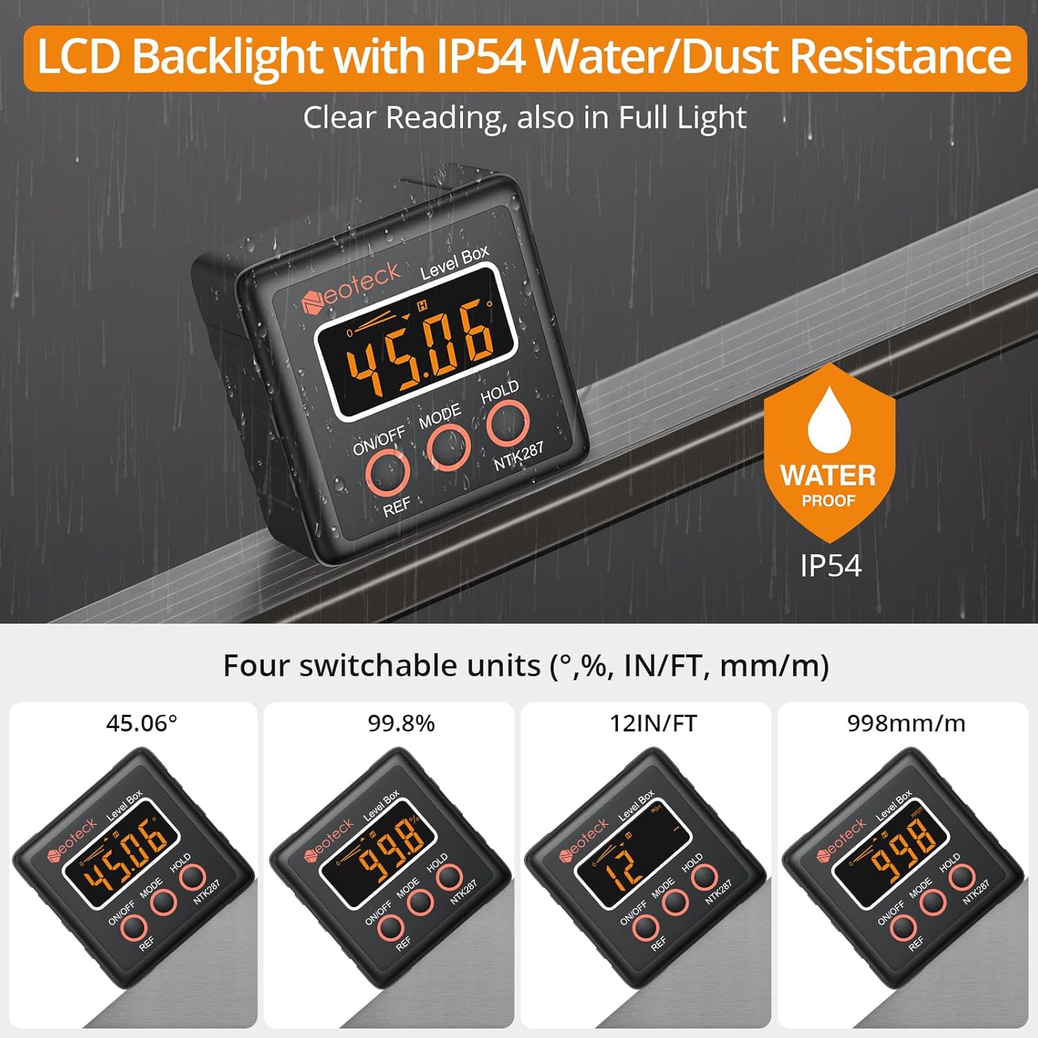 Neoteck Digital Angle Finder Digital Angle Gauge with LCD Backlight Protractor IP54 Waterproof Inclinometer Level Box for Bevel Angle of Miter Saw Automobile Test and Repair and Woodworking - Black
