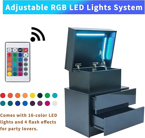 Miniatura 4 de Juego de 2 mesitas de noche LED con tapa abatible y cajones, mesitas de noche negras con luces LED multicolor y 2 cajones de alto brillo, moderna