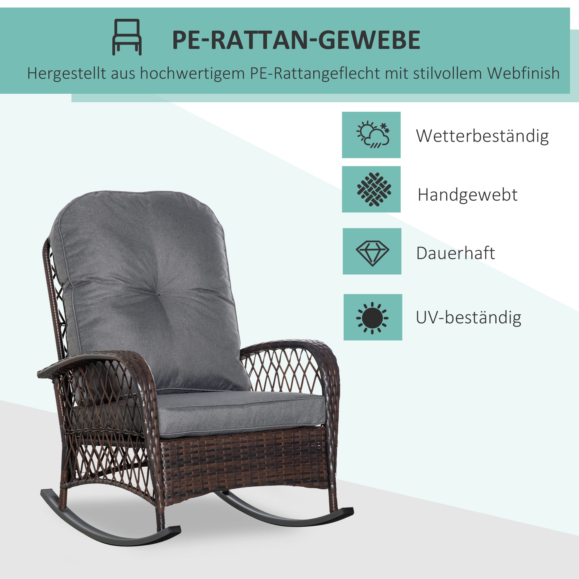 Outsunny Poly Rattan Schaukelstuhl Schaukelsessel Gartenstuhl mit Kissen Loungemöbel Gartenmöbel Terrassenmöbel Braun 75 x 98 x 91 cm