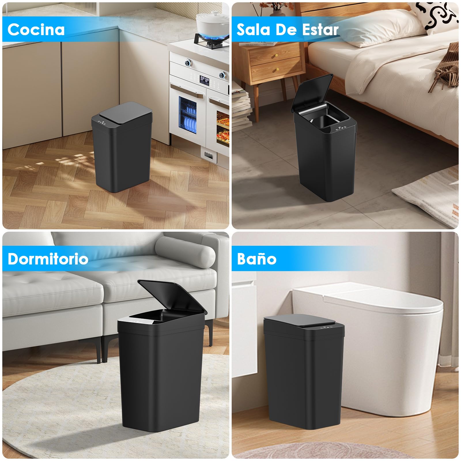 Dreamhigh Cubo Basura Automático Set De 2, Papelera Inteligente De 15L Y 12L Con Tapa Automática Y 3 Modos, Silenciosa E Impermeable Para Cocina, Baño, Oficina, Cubo Basura Baño Con Sensor