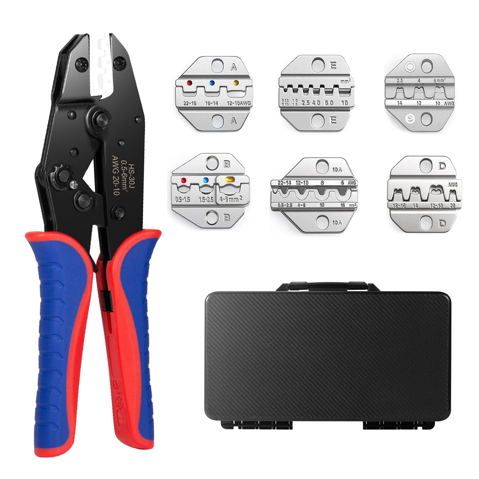 Set di 6 strumenti per crimpatura a cricchetto, per termorestringenti, nylon isolato, estremità del filo della ghiera, non isolati, terminali a barilotto aperto, connettori solari