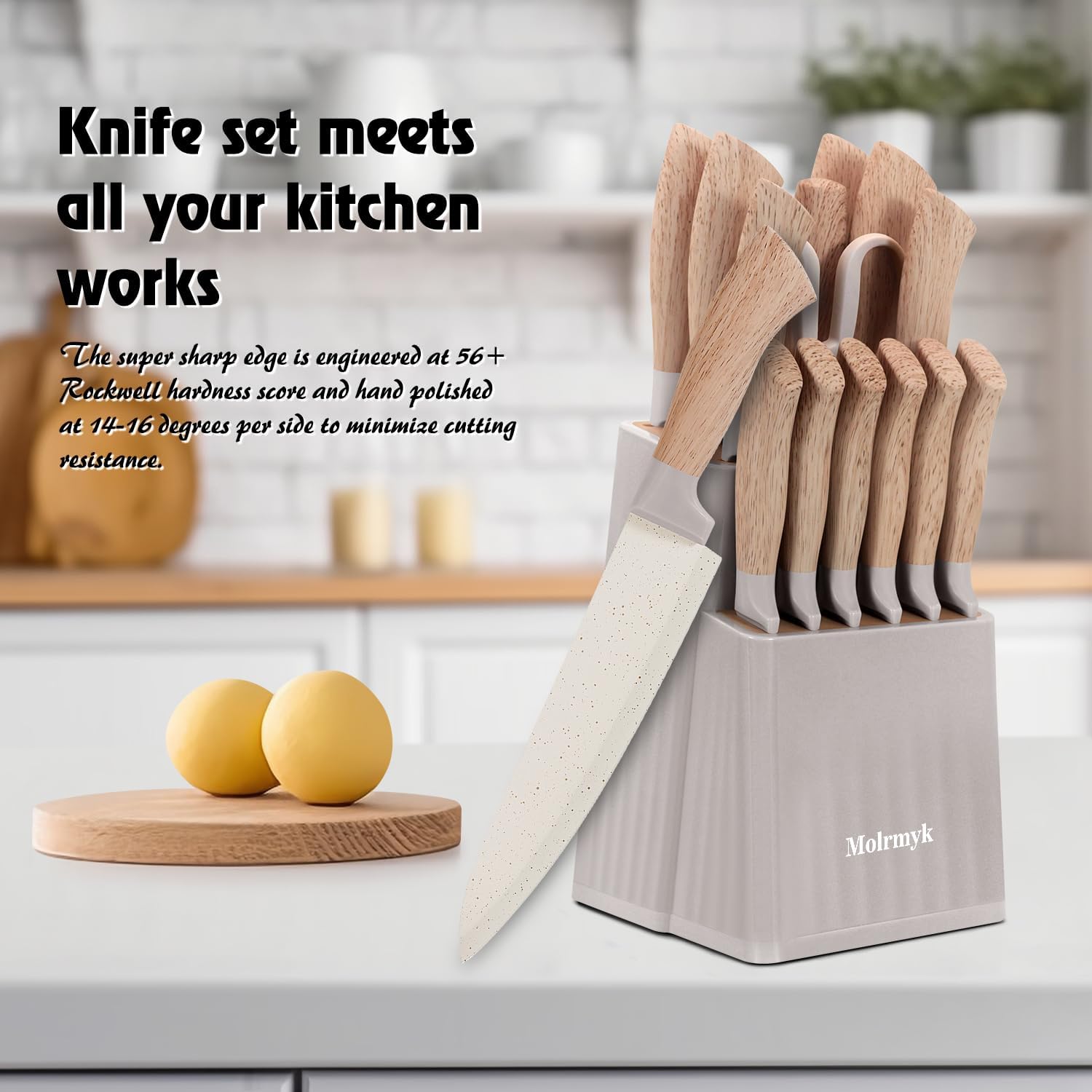Knife Set, 15 Pcs Khaki Kitchen Knife Set for Home, Granite Nonstick Ceramic Coating, Stainless Steel Sharp Chef Knife Sets with Block, Wood Grain Handle, Ergonomic Non-slip Handle Knife Block Set - Image 6