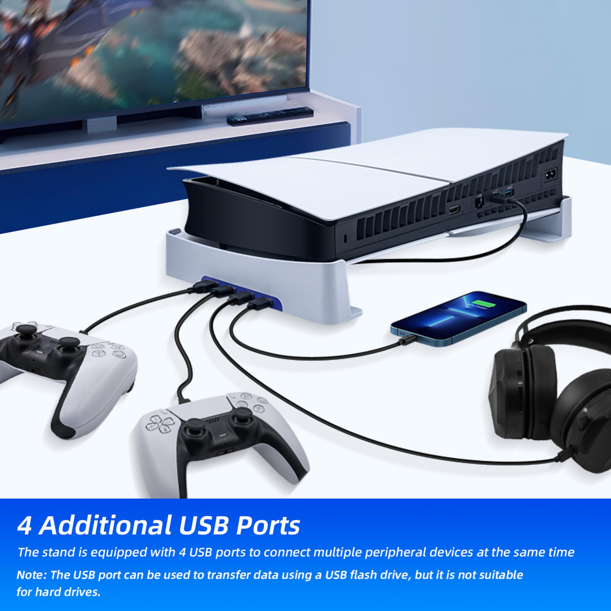 Pozioma podstawka do konsoli PS5 Slim z 4-portowym hubem USB, ulepszona podstawa wspornika akcesoria kompatybilna z PlayStation 5 Slim Disc & Digital Edition uchwyt na stojak