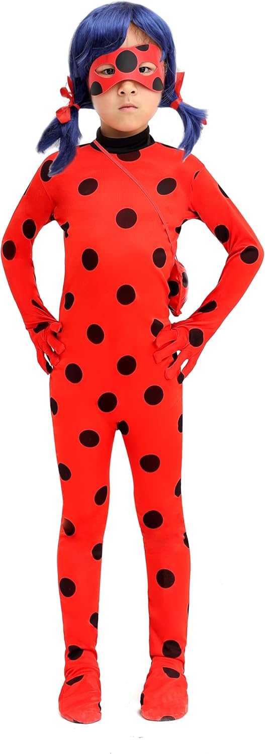 Kids Spandex Cosplay Jumpsuit Halloween Little Ladybug Costume with wig,Bag Eyemask