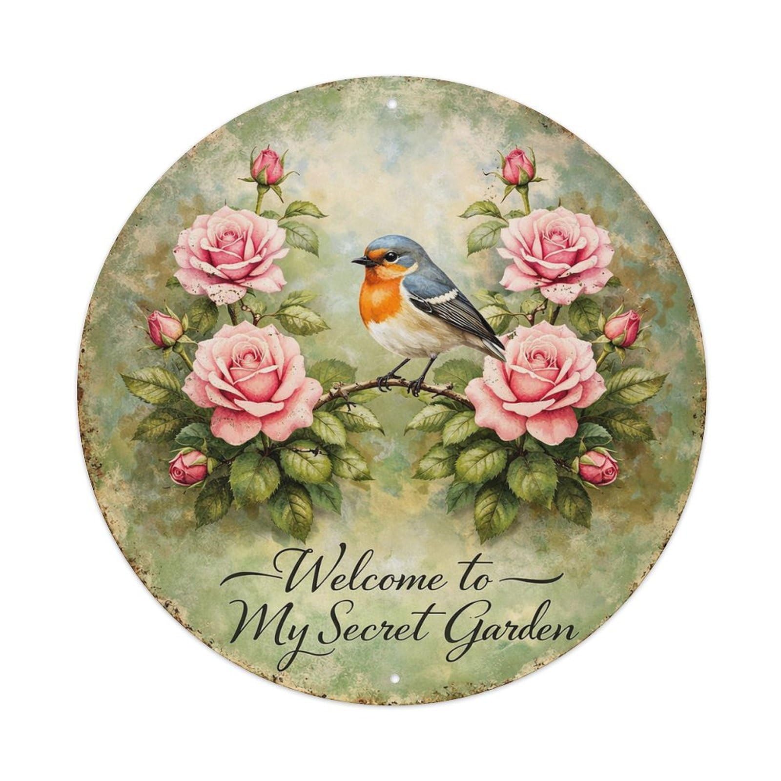 Bird Roses Garden Welcome Secret Round Tin Sign Vintage Metal Sign Home Bar Garden Indoor & Outdoor Wall Decor Retro Metal Poster 8x8 Inch