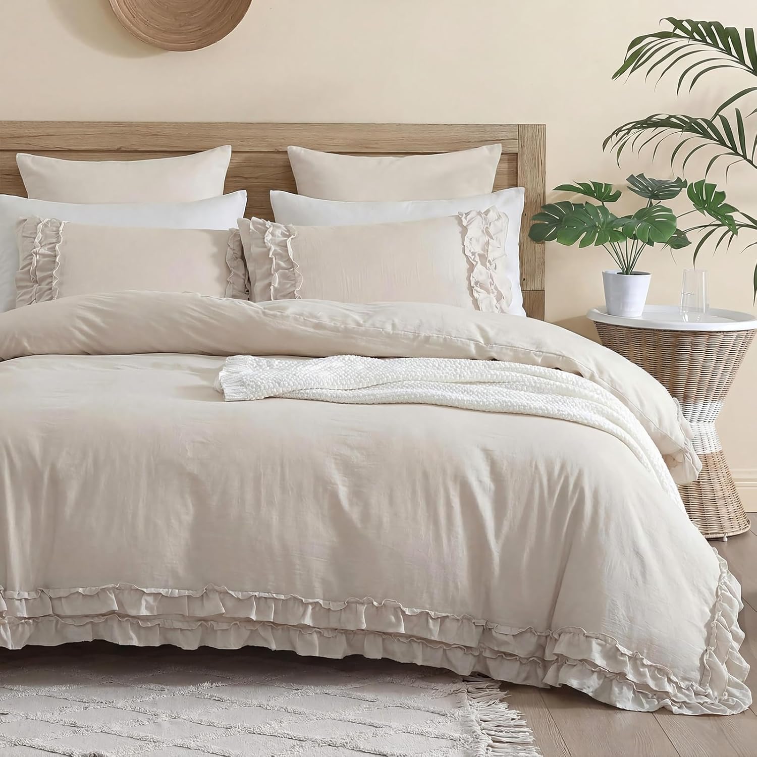 Bedorm Beige King Comforter Set Ruffled Bedding Comforter Shabby Chic Ruffle Fringe Coquette Bedding Boho Farmhouse Quilt Bedding Set for All Season - Image 2