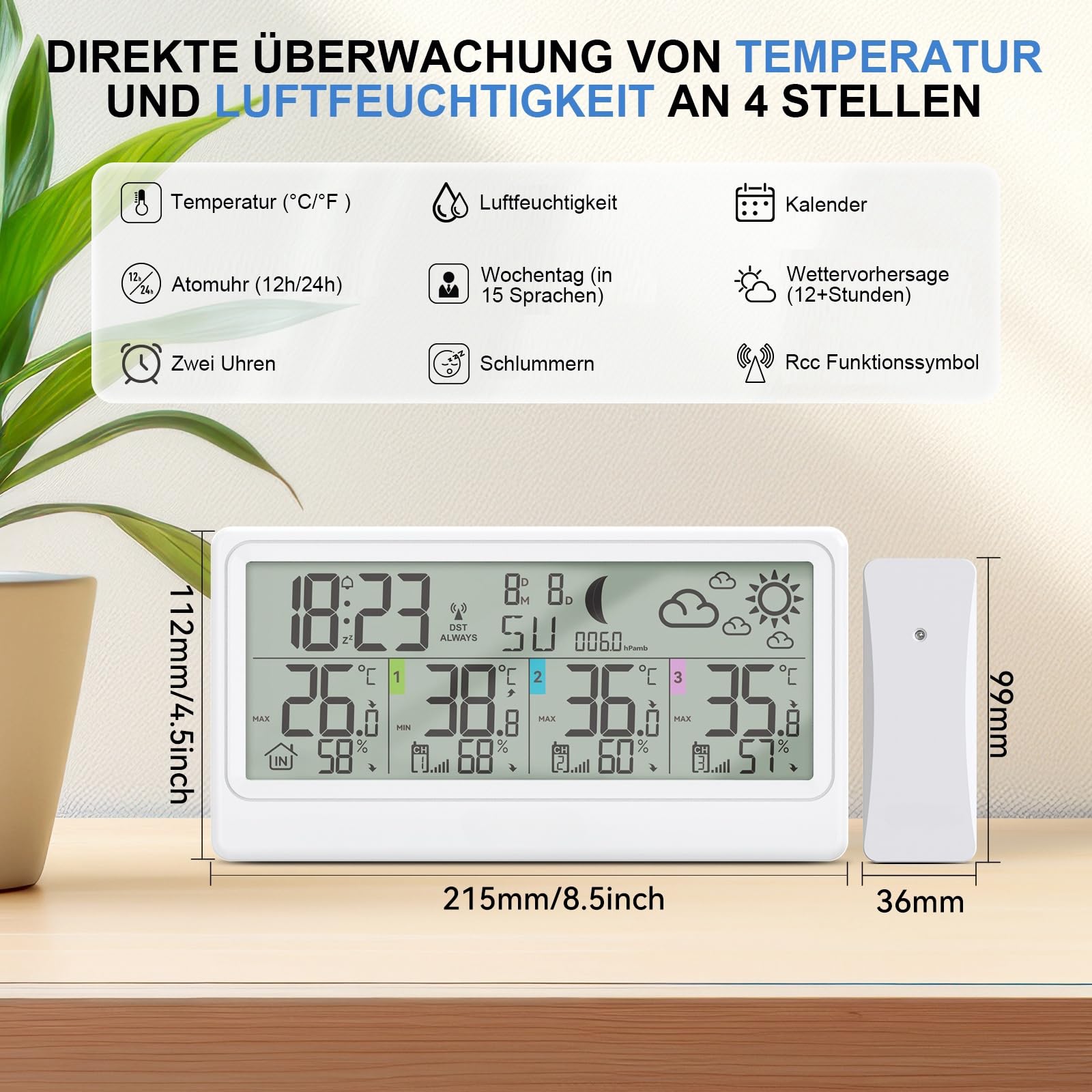 Wetterstation Funk mit 3 Außensensor, Innen- und Außenthermometer, Hygrometer, Barometer, Digitale Funkwetterstation mit 8,5"LCD-Display, Wettervorhersage, Mondphase, Wecker, Schlummerfunktion und RCC