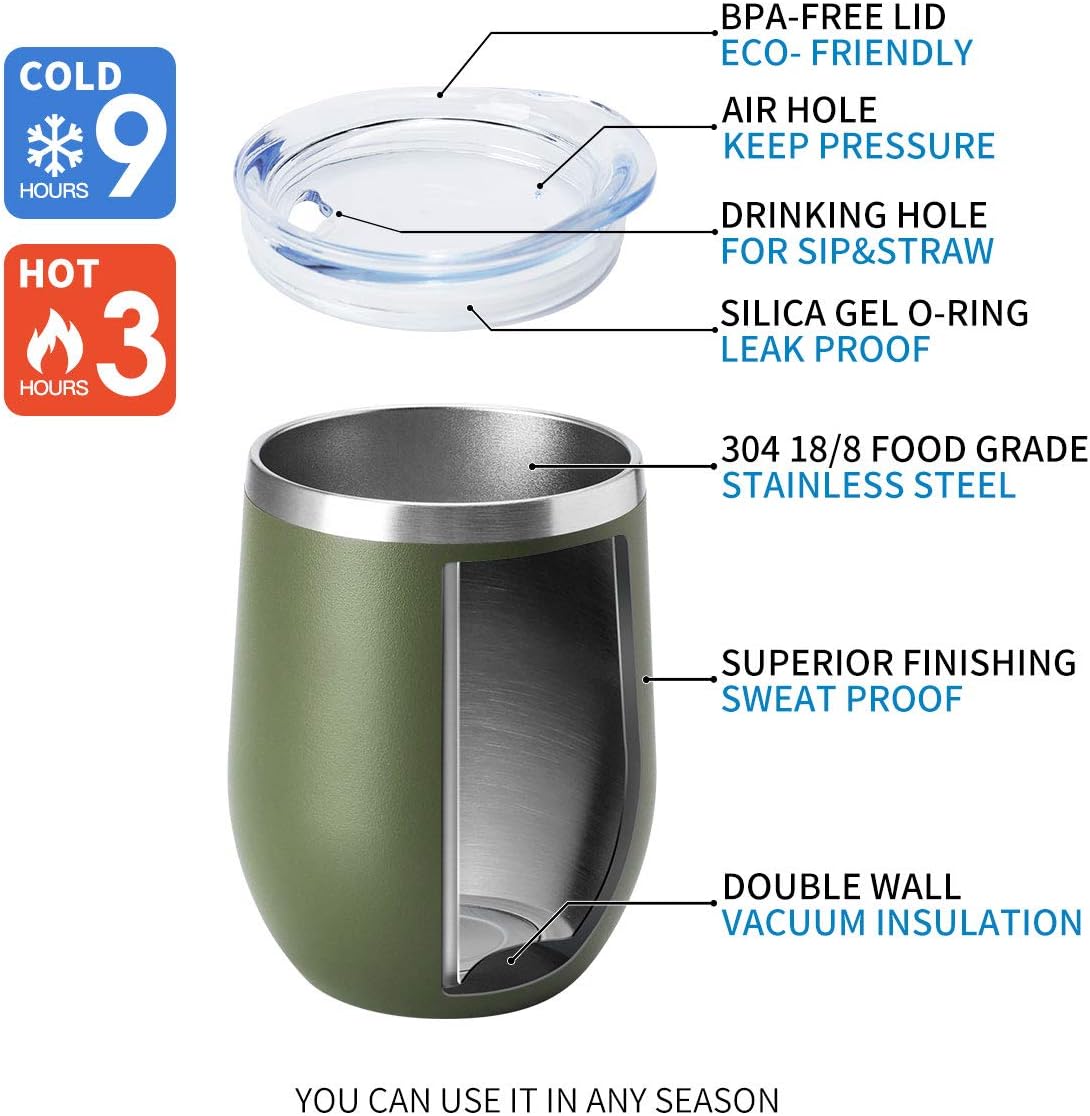 HASLE OUTFITTERS 12oz Wine Tumbler with Lid Stemless Wine Glasses Double Wall Vacuum Travel Mugs stainless steel Coffee Cup for Cold & Hot Drinks Wine Coffee Cocktails Beer 1 Pack Army Green - Image 4