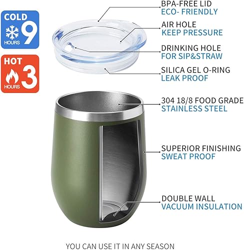 Miniatura 4 de HASLE OUTFITTERS - Vaso de vino con tapa sin tallo, de 12 onzas, doble pared, de acero inoxidable, para bebidas frías y calientes, vino, café,