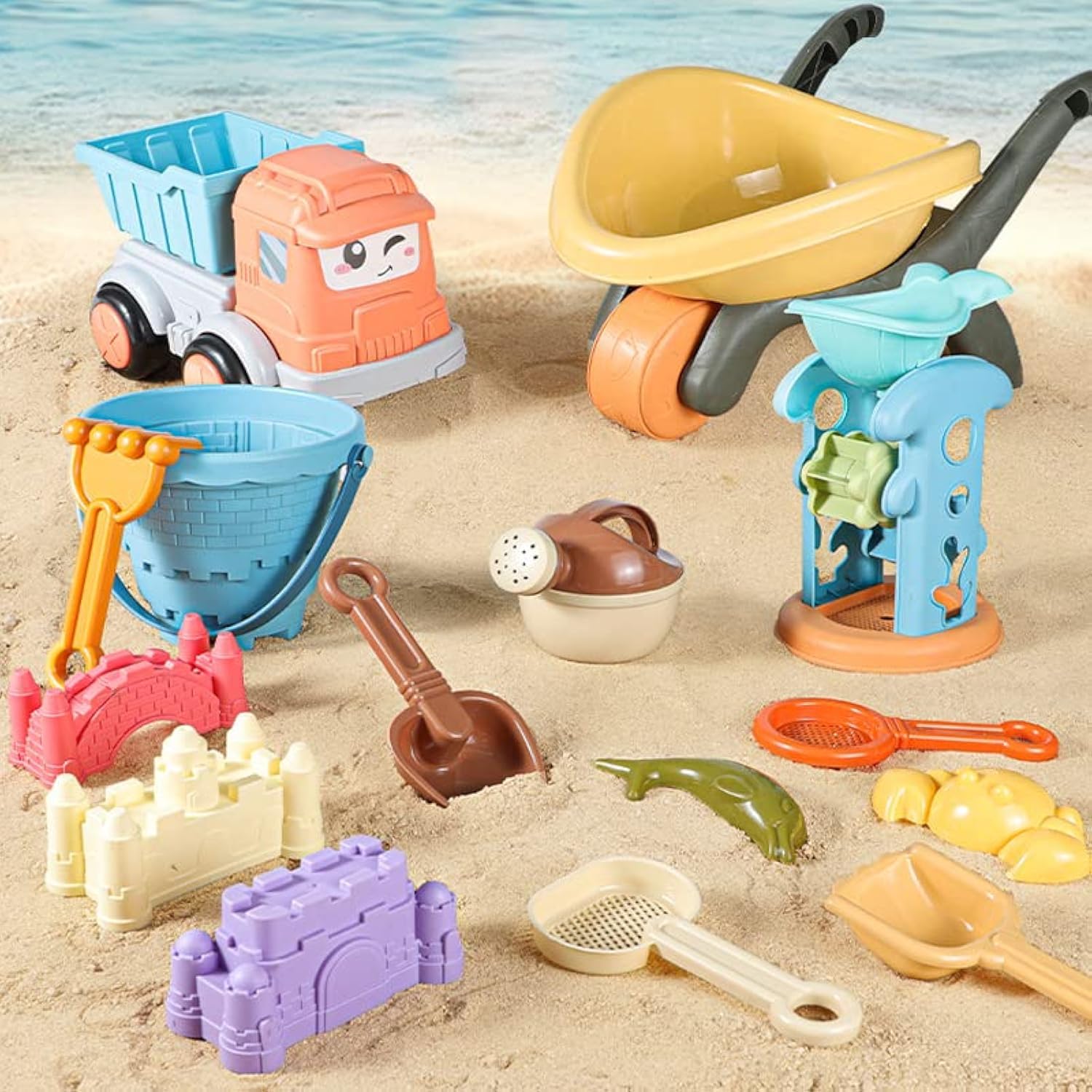 AM ANNA Beach Sand Toys Set for Toddlers,15PCS Sandbox Toys Included Beach Bucket,Truck Toy,Sand Molds, Shovels, Rakes and Watering Can, Summer Outdoor Toys for Kids Toddlers Boys Girls