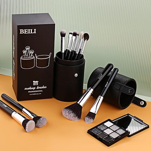 Miniatura 6 de BEILI Juego de 12 brochas de maquillaje con estuche de almacenamiento sintético de alta calidad Kabuki base brocha mezcladora corrector de rubor kit