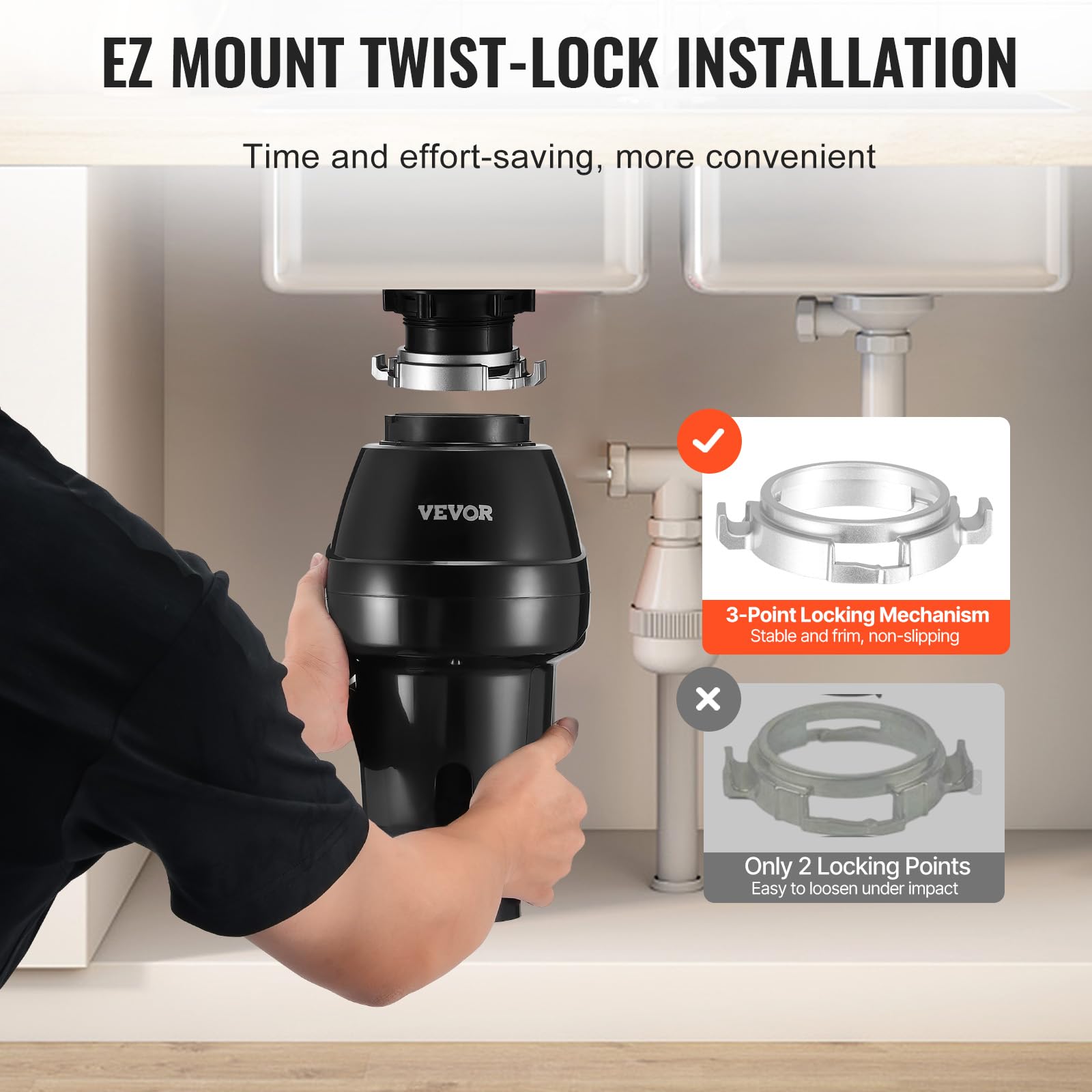 VEVOR Triturador de Basura para Fregadero de Cocina, 3/4 HP, Sistema de Eliminación de Residuos de Alimentos, 3930 RPM, con Cable de Alimentación, para el Hogar, Cocina, 185 x 185 x 395 mm, Negro