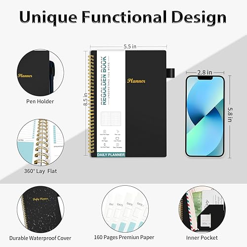 Miniatura 5 de Agenda diaria sin fecha, cuaderno de lista de tareas con calendario horario de comidas, agenda de citas con espiral para hombremujer, bolsillo,