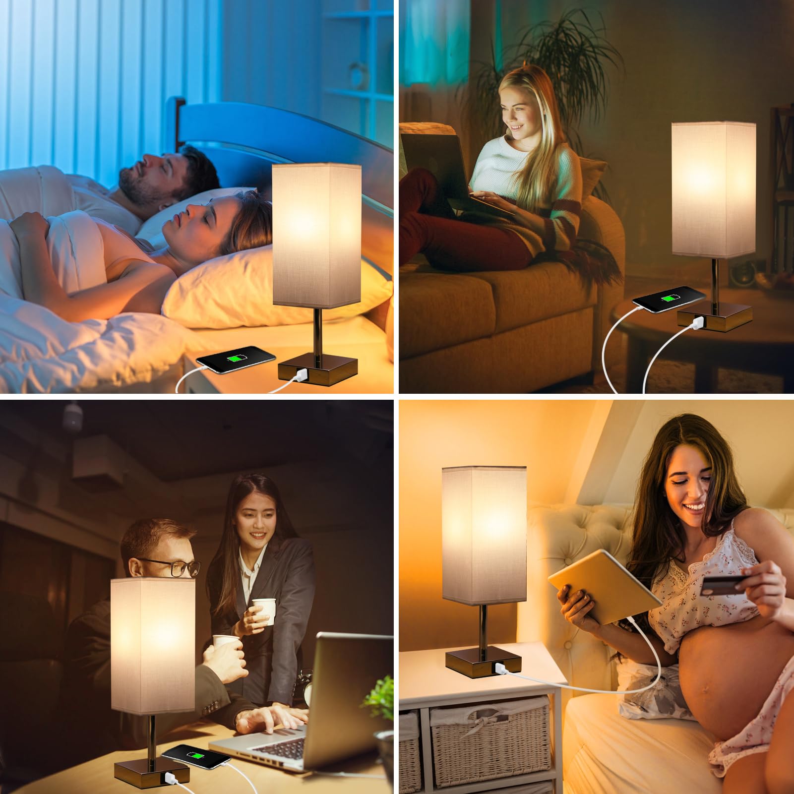 Jemora 2 Paquetes de lámpara de mesita de Noche de Tela con Bombilla LED Blanca cálida, luz de Escritorio, Control táctil, Puertos de Carga USB A Tipo C, 3 Niveles Regulables para Sala de Estar,