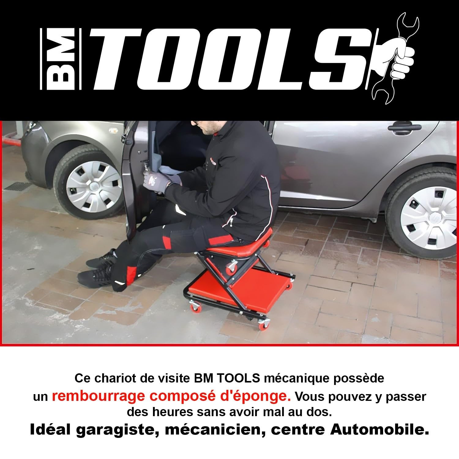Chariot de Visite BM TOOLS Mécanicien Convertible en Siège d'Atelier - Garagiste/Mécanique 2 en 1 - Transformable en Tabouret