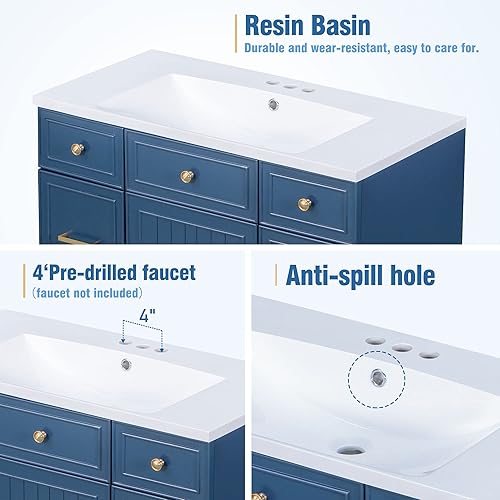 Miniatura 4 de Polibi Gabinete de tocador de baño de 36 pulgadas con parte superior del fregadero, gabinete agitador con puerta de cierre suave y cajón, azul marino