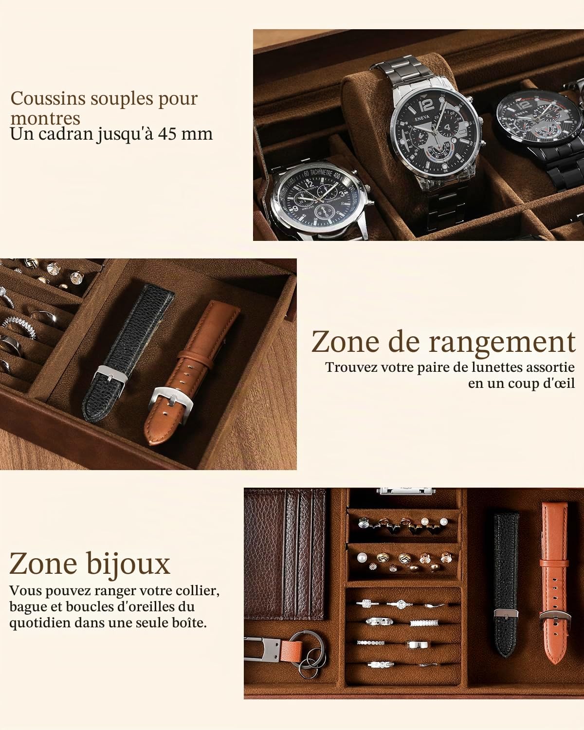 Boîte à montres pour 12 montres, à 2 étages avec couvercle en verre et tiroir, pour homme, avec serrure à clé, cadeau parfait pour homme, pour bagues, boutons de manchette et montres, marron
