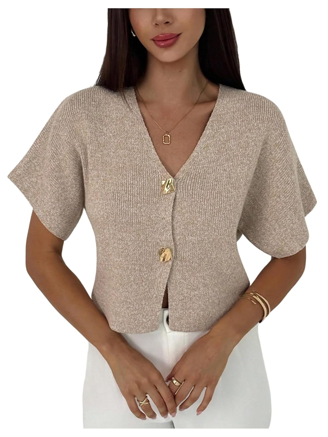 SOLY HUX Womens Short Sleeve Office 2025 Fall Winter Cardigan Sweater Button Down V Neck Slim Fit Knit