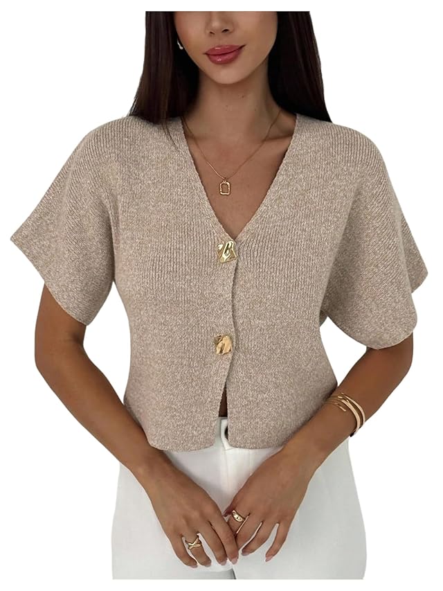 SOLY HUX Womens Short Sleeve Office 2025 Fall Winter Cardigan Sweater Button Down V Neck Slim Fit Knit