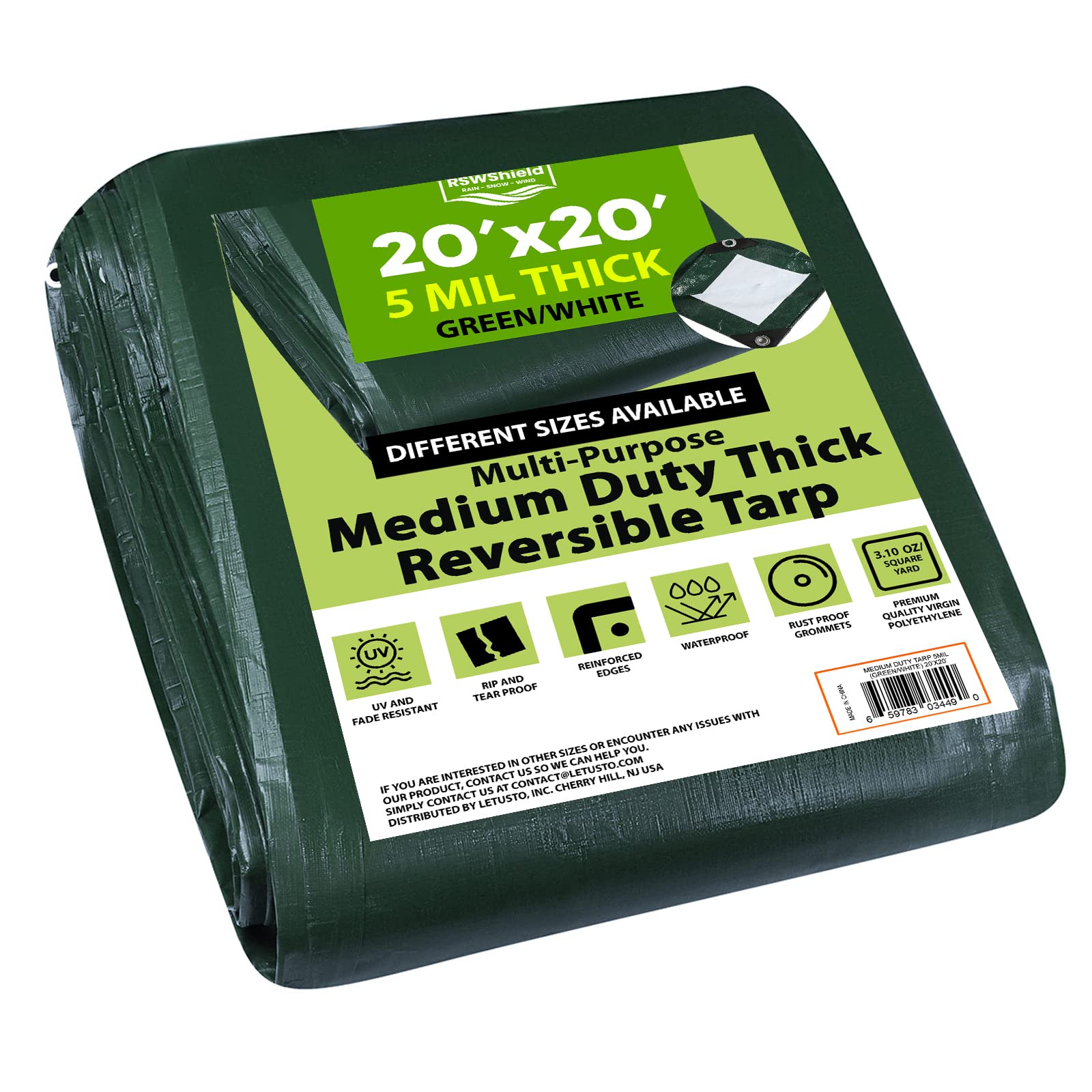 Medium Duty Waterproof 5 Mil. Reversible (Hunter Green/White) Tarp Cover, UV Resistant, Rip and Tear Proof Tarpaulin with Reinforced Edges - for Roof,
