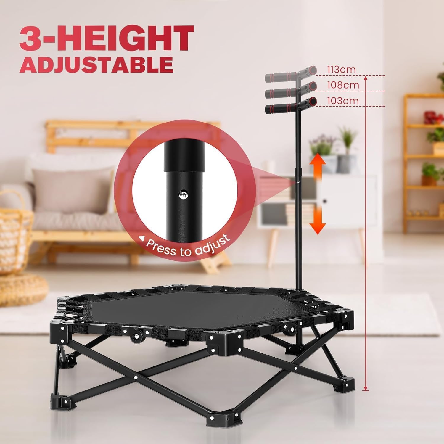 Fitness Trampolin klappbar,150KG Tragfähigkeit 3 verstellbare Handgriffstufen klappbar Tragbares mit geräuscharmes Design Stabiler&leiser Übungs-Rebounder für Kinder&Erwachsene