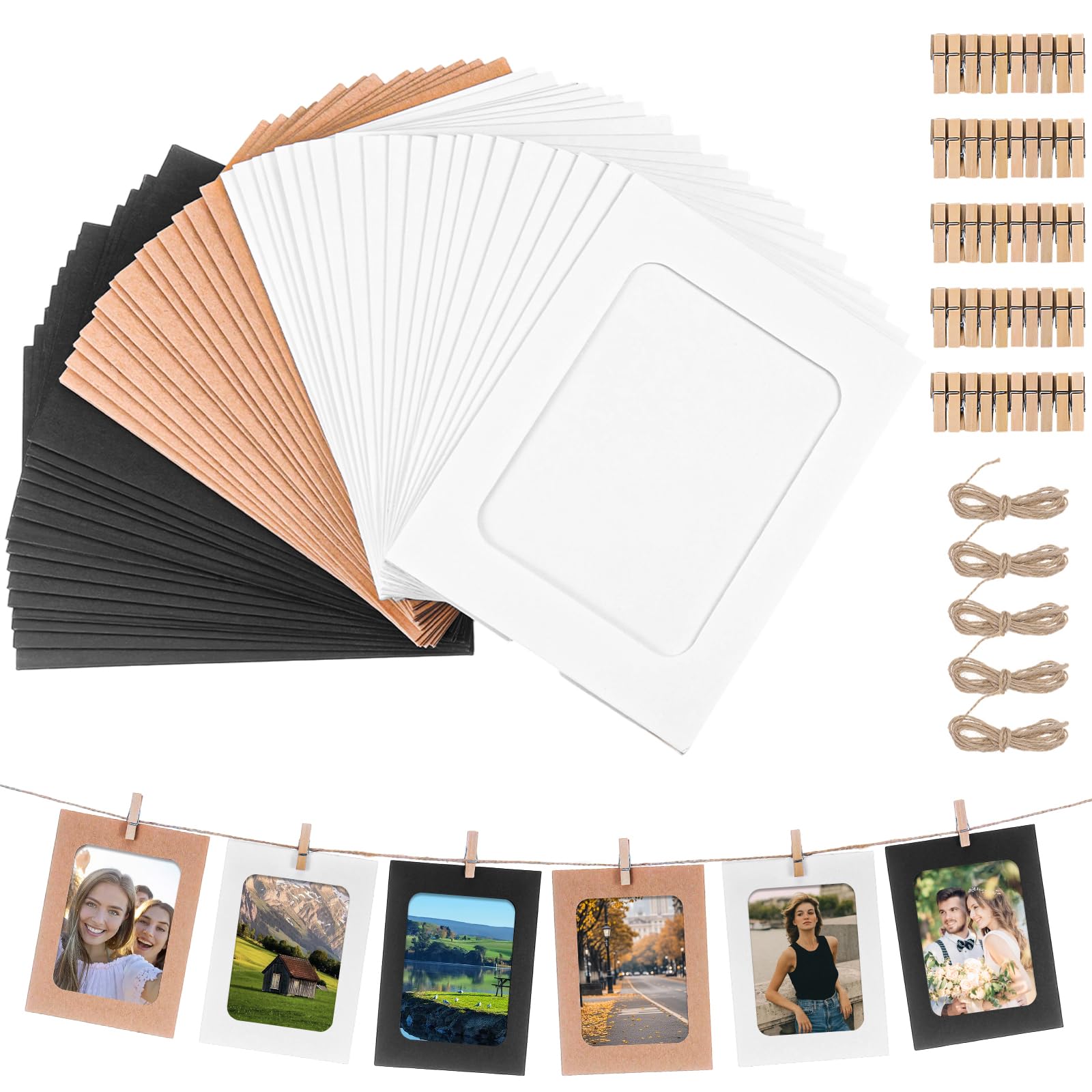 MICHIHOMIE 50Pcs Paper Photo Frame, 6x4In Cardboard Photo Frames with 50 Wooden Clips & 5 Hemp Ropes, 3 Colors Cardboard Picture Frame for Home Dorm Office Wall Decor