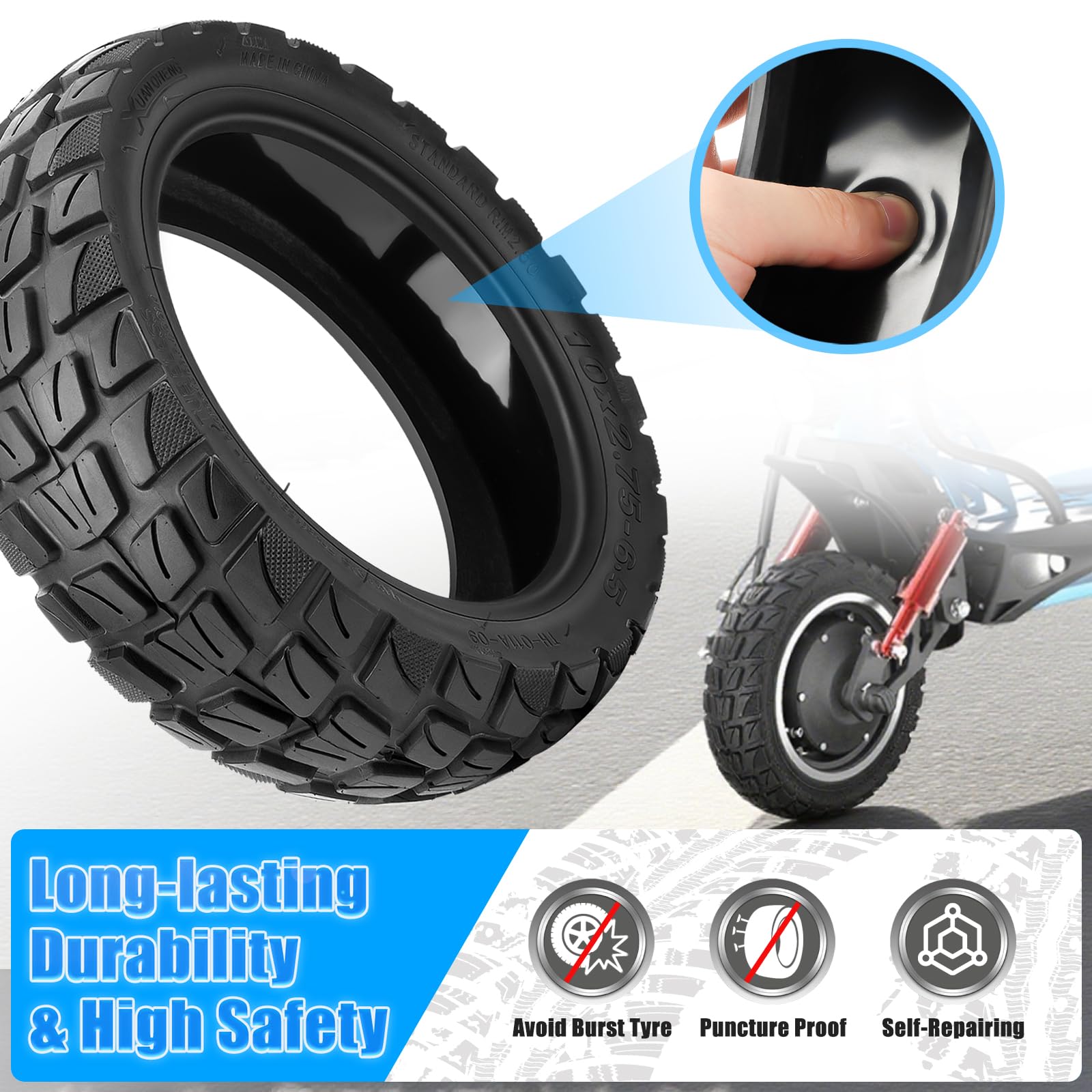10 x 2,75 – 6,5 Tubeless, pneumatici autoriparanti da fuoristrada, con valvola, 10 pollici, pneumatici di ricambio per e-scooter, resistenti all'usura e durevoli, antiscivolo e antiperforazione