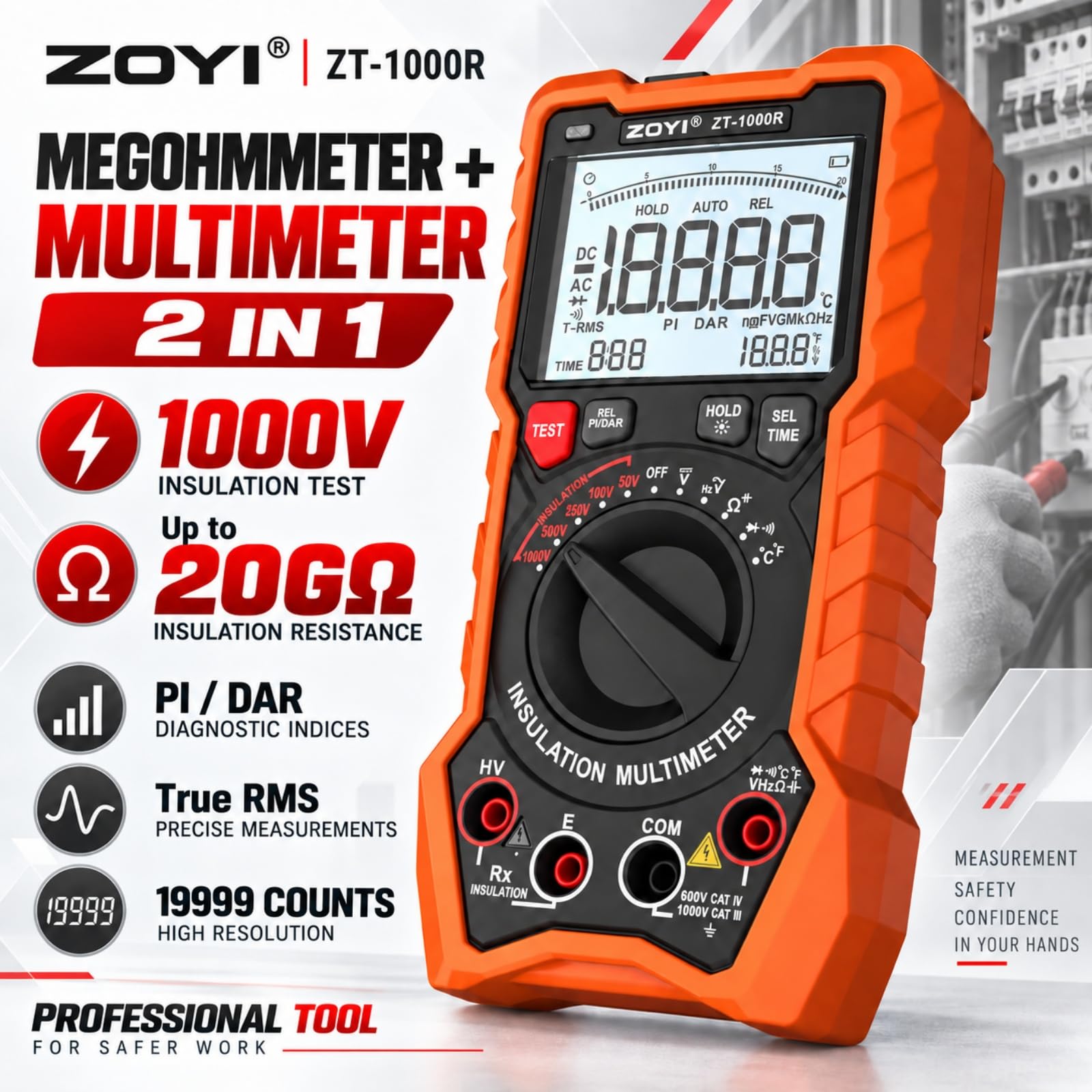 ZOYI ZT-1000R 2 in 1 Megohmmeter Multimeter, 50V/100V/250V/500V/1000V 5 Gear with DAR&PI, Insulation Resistance up to 20GΩ, 19999 Counts Auto Range T-RMS, V,Ω,C,FREQ,Temp, Diode,Continuity Tester — Amazon image 2