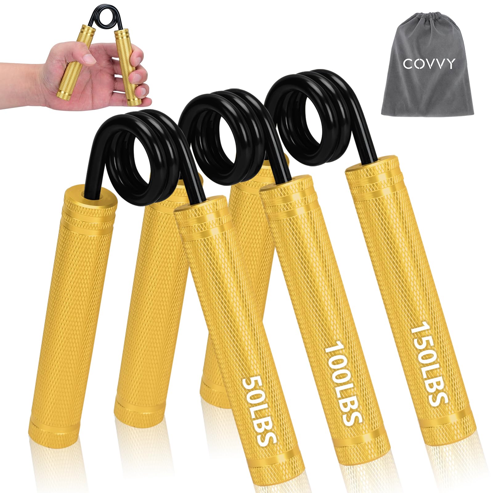 COVVY Metal Hand Grip Strengthener Set (50, 100, 150lbs), Grip Strength Trainer, Crushing Pinching Grip Trainer, Forearm Exerciser, Gripper Fitness Equipment with Sponge Pads and Carry Bag
