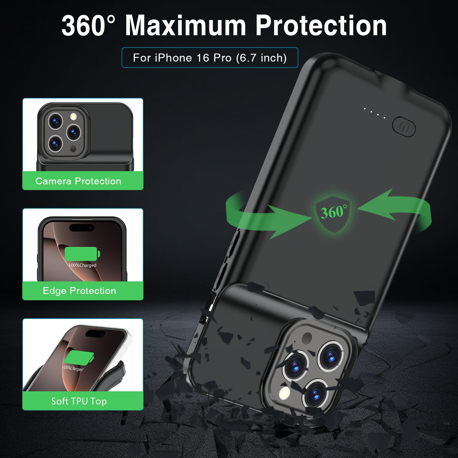 Funda de batería para iPhone 16 Pro, 15 W, carga rápida, 8500 mAh, ultradelgada, ligera, potente, recargable, anticaídas, caja de carga para iPhone 16 Pro (6.3 pulgadas), color negro