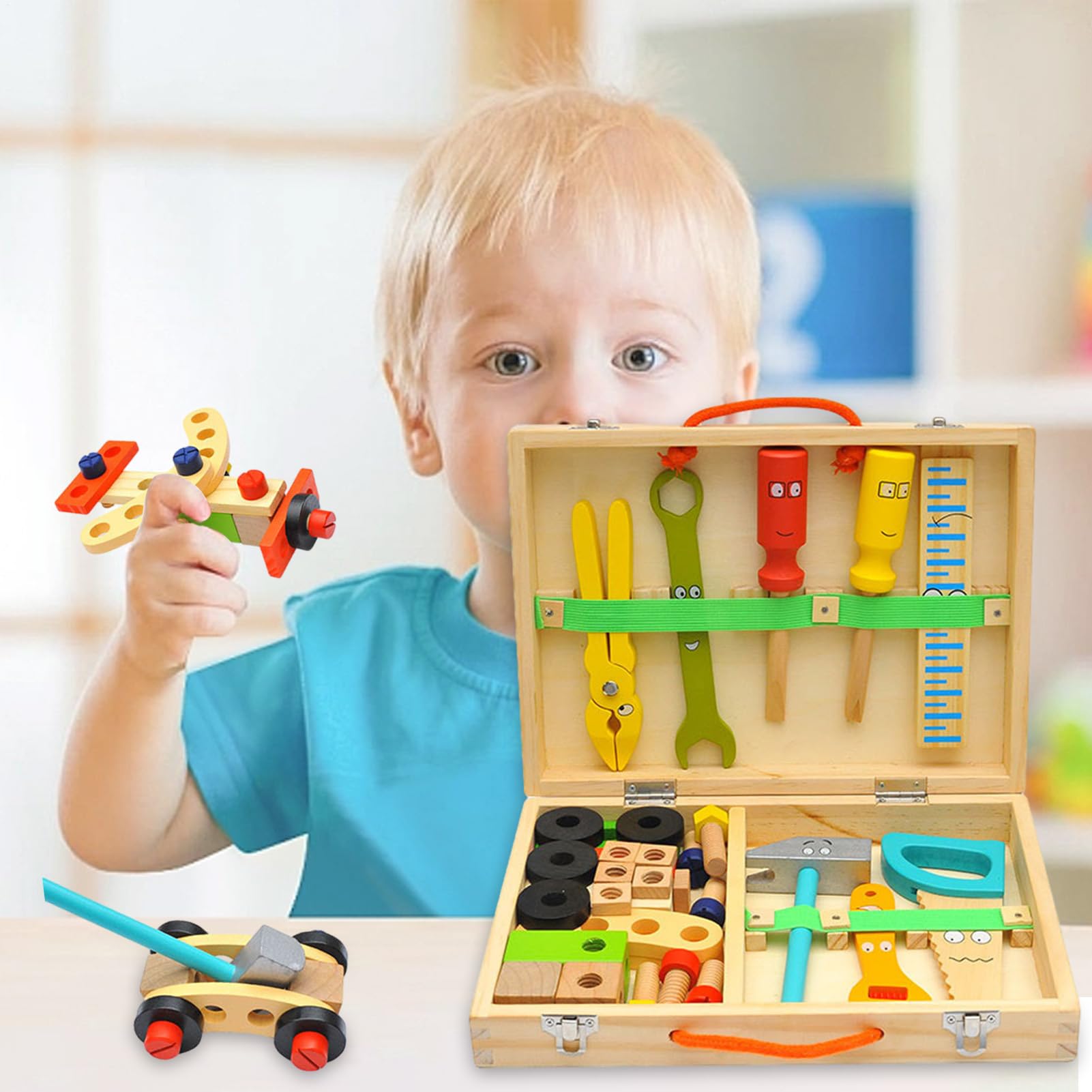 Set Di Attrezzi Per Piccoli Giocattolo Educativo in Legno per Costruzioni | Set di Giochi con Cassetta Attrezzi Per Casa Cameretta Asilo Scuola Materna Compleanno Ragazzi Ragazze Età 2-4