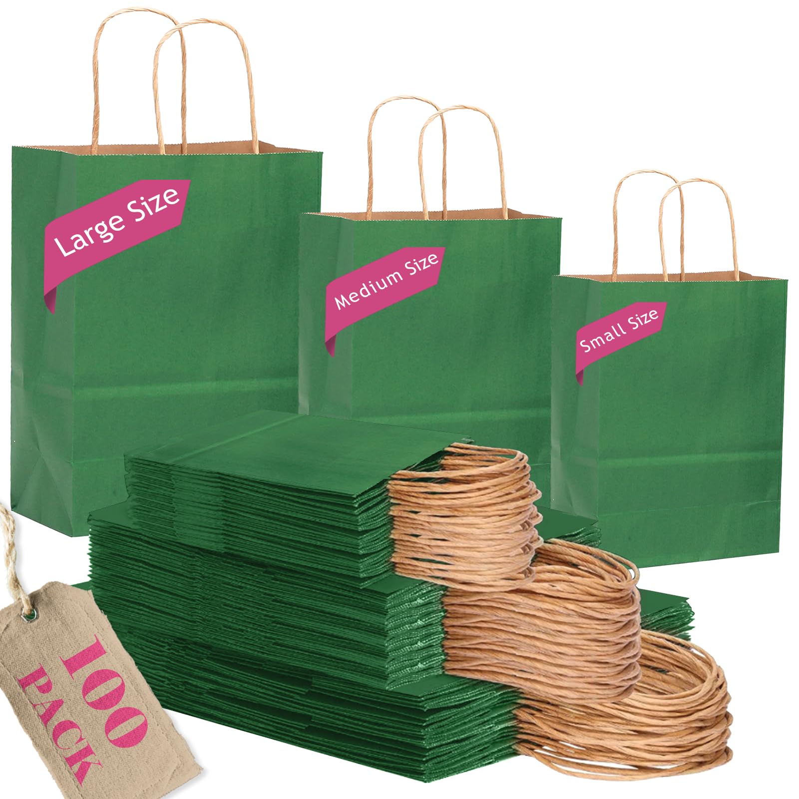 Gcardist Kraft Deep Green Paper Gift Bags with Handles Bulk 100Pcs Assorted Sizes (Large-33Pcs, Medium-33Pcs, Small-34Pcs)