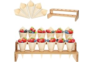Queekay Bamboo Cones: 100 Disposable Wooden Food Cones with Display Stand
