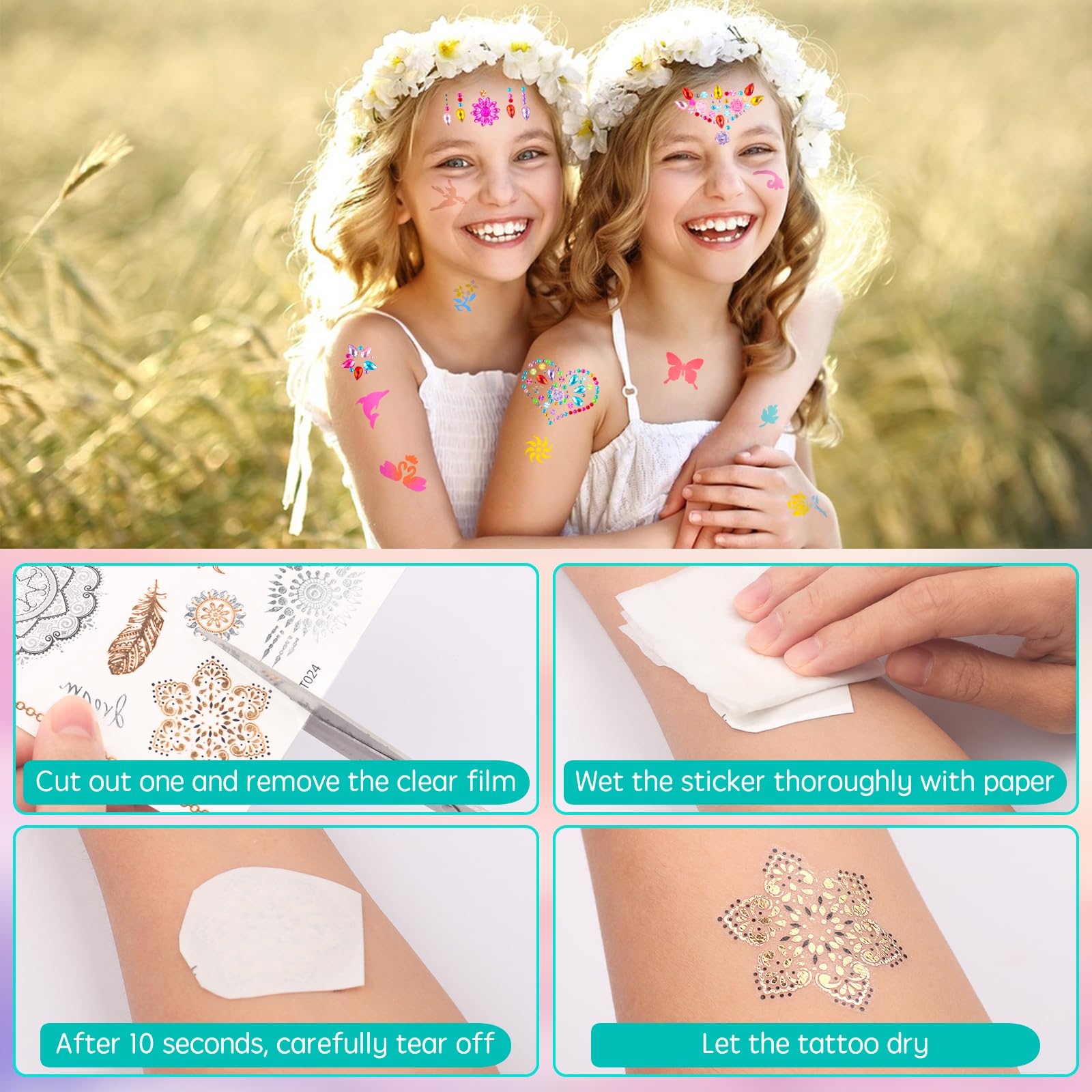 Tattoostiften voor kinderen, 6 stuks glittertattoostiften voor de huid, met sjablonen en gezichtedelstenen, cadeau voor meisjes en jongens, feestverkleden