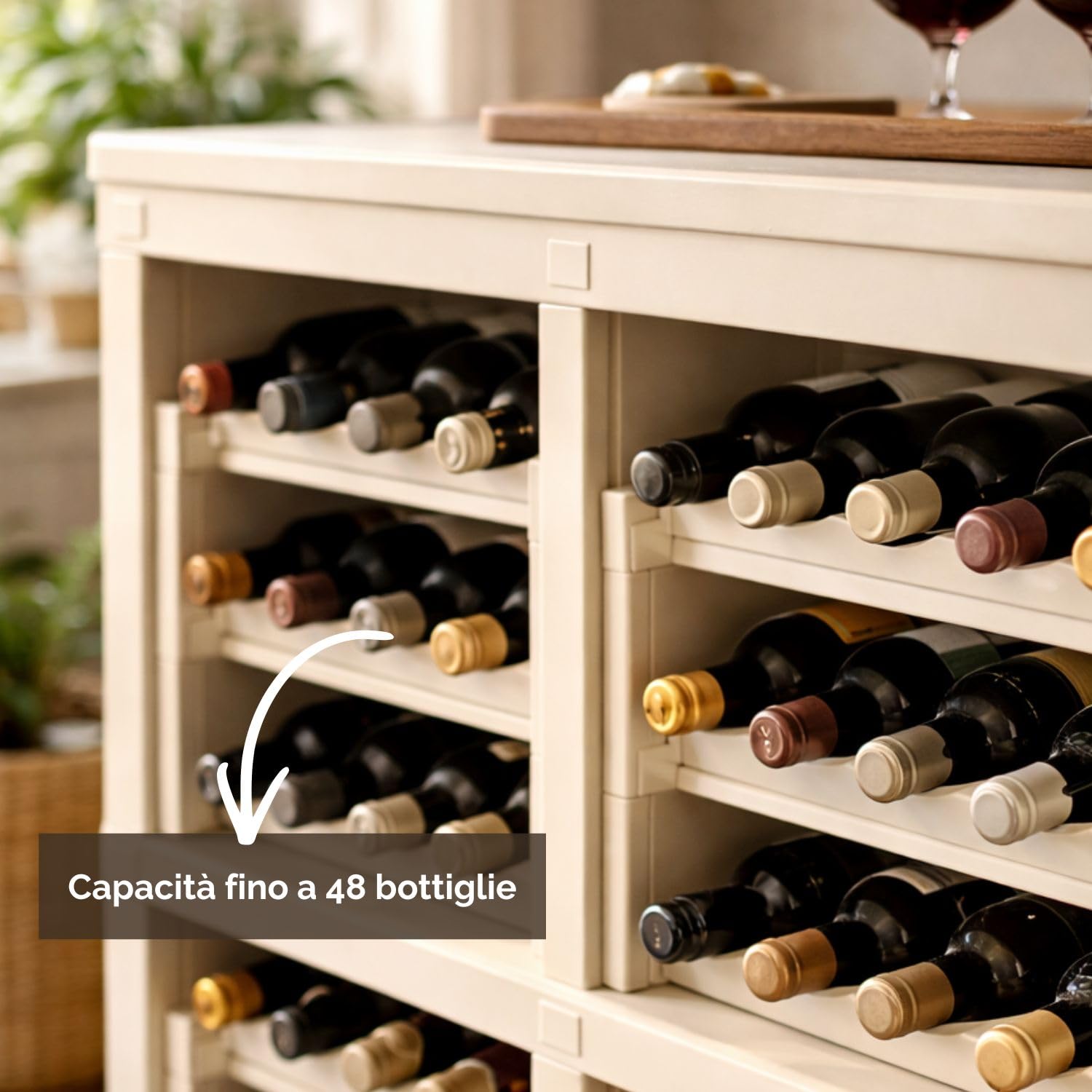 Scaffale Portabottiglie per 48 Bottiglie, Cantinetta Vino Modulare in Plastica, Mobile Porta Vino a Vista per Cucina, Cantina o Soggiorno, 79x42,5x85,5 cm (Angora)