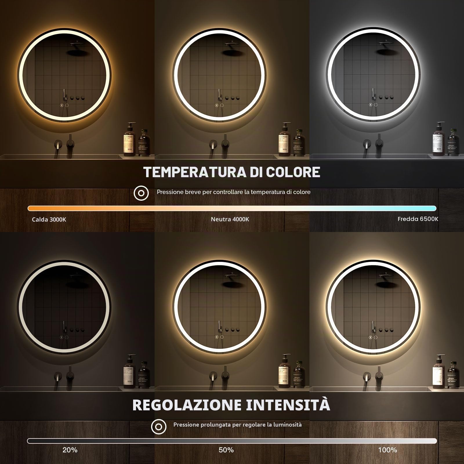 Dripex Rotondo Specchio da bagno con illuminazione 70cm Luce Specchio con altoparlante Bluetooth Anti-Nebbia Led Specchio Bagno con 3 Temperature Colore e Dimmerabile Smart Touch IP44