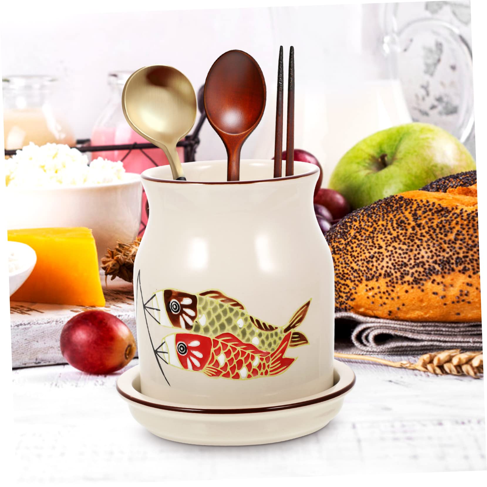 Cabilock Porte-Couverts en Céramique Ustensile en Porcelaine Pot à Ustensiles en Céramique Coutellerie Porte- Titulaire De L'argenterie Ustensiles De Cuisine Usage Quotidien