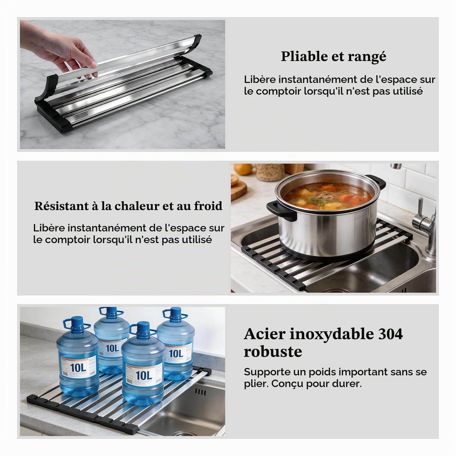 Égouttoir Vaisselle Pliable Acier Alimentaire 42x32,5cm | Avec Pieds Antidérapants en Silicone. Organisateur Pratique pour Évier et Plan de Travail, Facile à Plier et Ranger