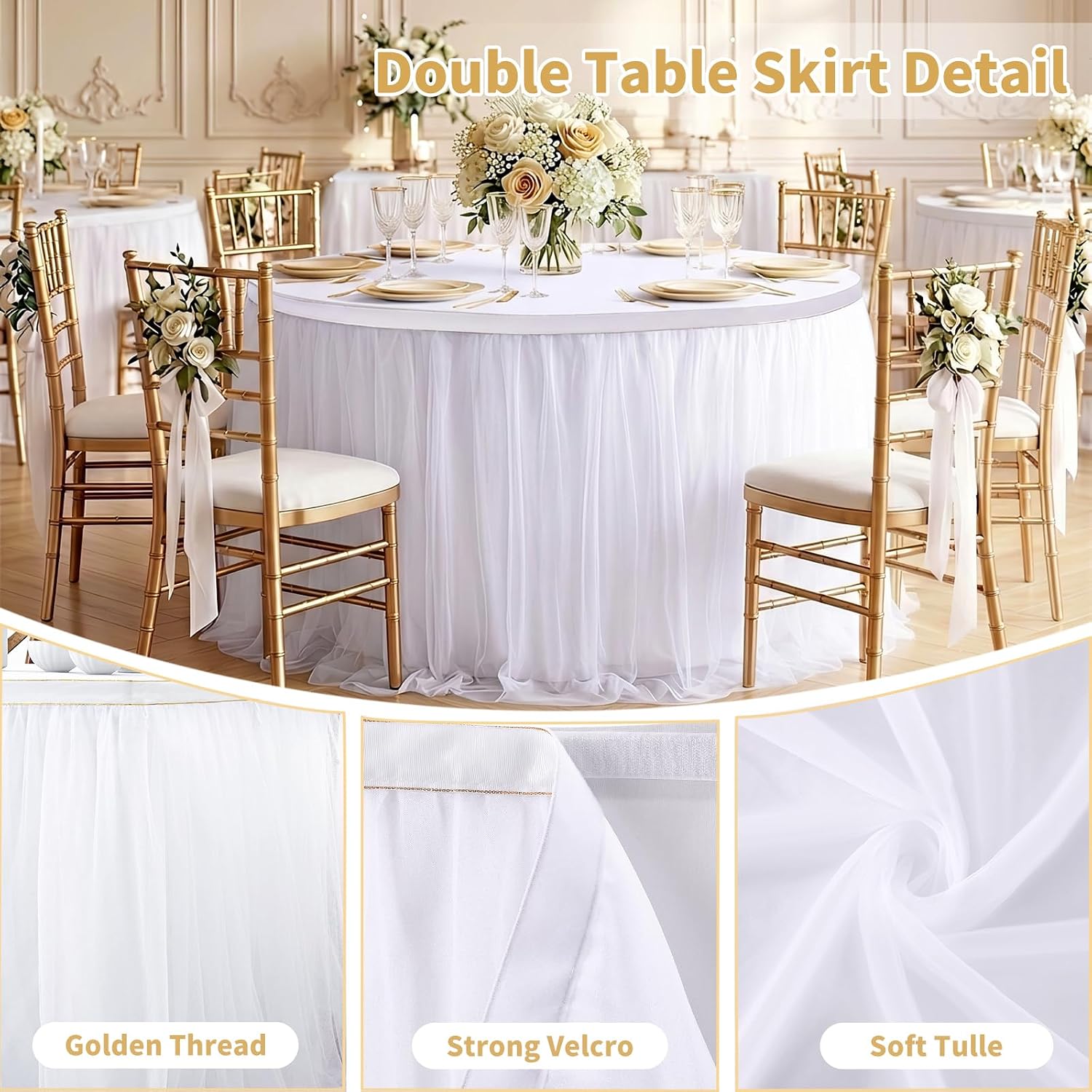 QueenDream 108in White Tutu Table Skirt Rectangle Tables or Round Tables Bridal Shower Tulle Tablecloth for Baby Shower Girls Parties Cake Dessert Table Decorations Ruffle Table Skirting