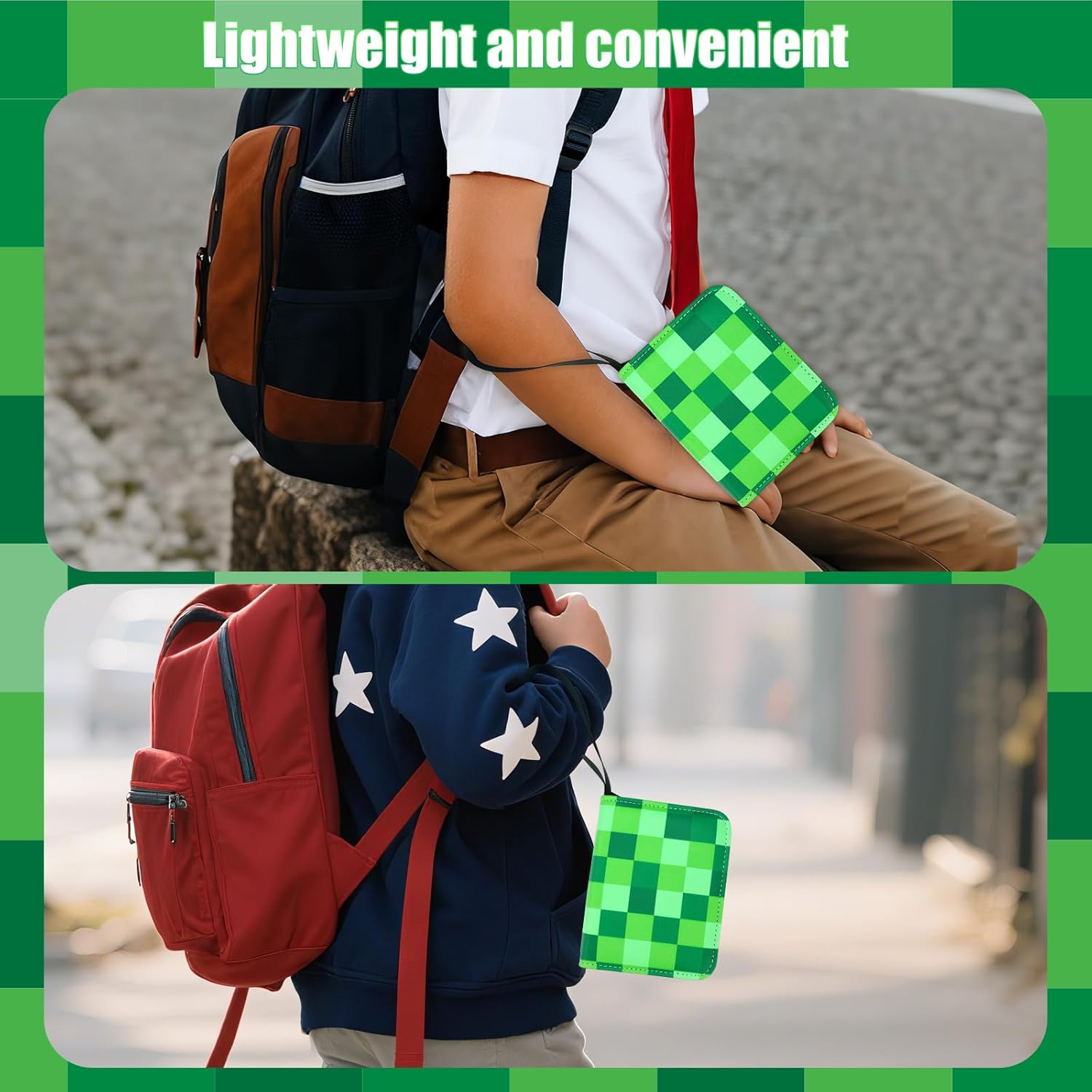 Mini Size Pocket Card Holder, Green Lattice Design Waterproof Compact Trading Card Holder Album with 40 Detachable Pages Case 80 Cards for Men Boys Teens Sports Game Cards