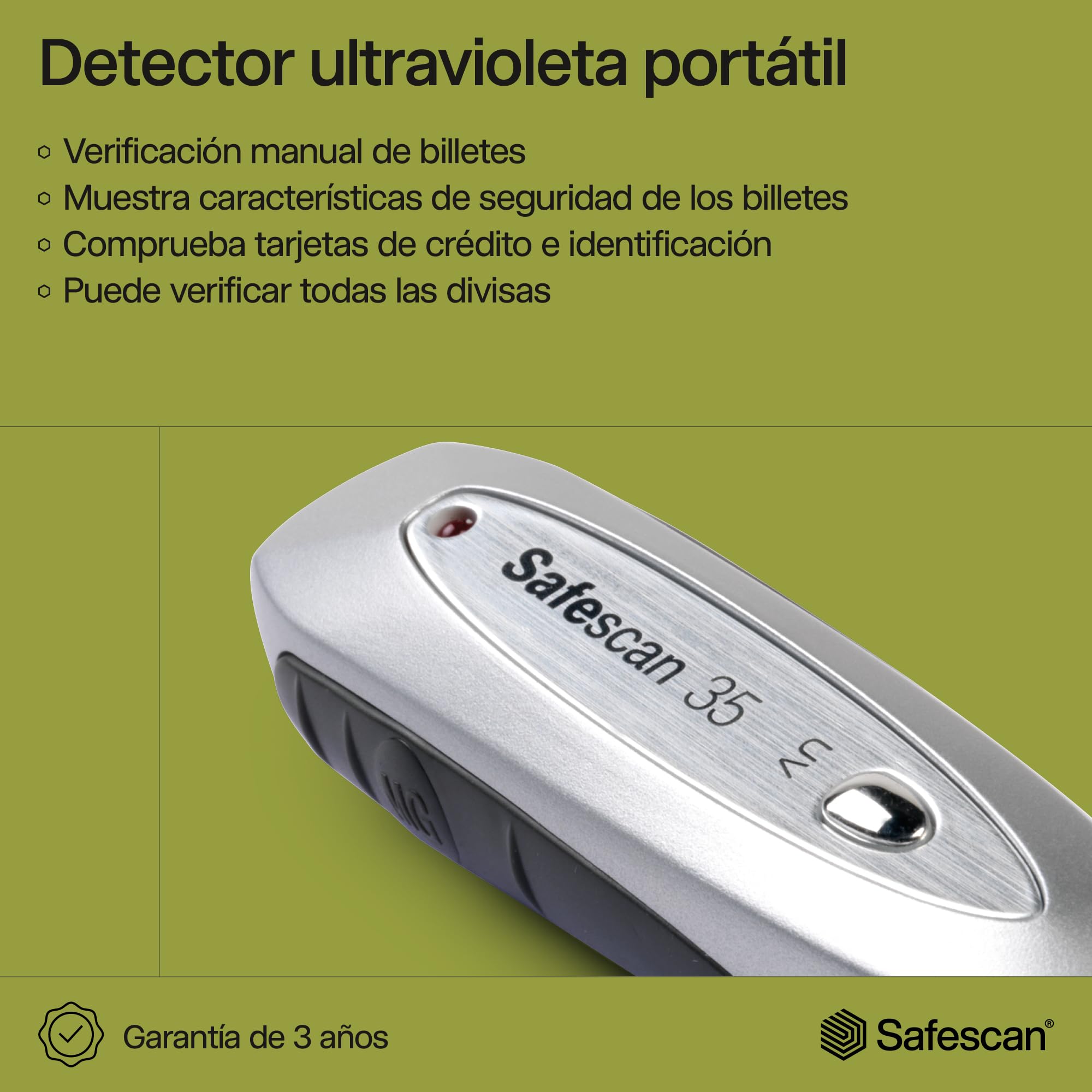 Safescan 35 Detector de billetes falsos portátil, verifica billetes, tarjetas de crédito y documentos - Detector UV para nuevos billetes - Detector billetes falsos con luz UV - Detector con luz UV