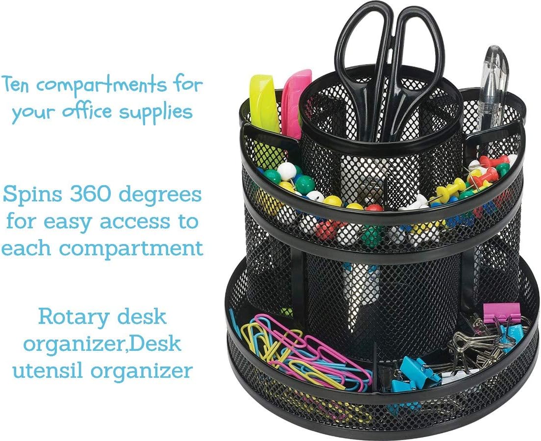 1InTheOffice 10-Compartment Rotating Desk Organizer, Scissor Rack (Mesh)