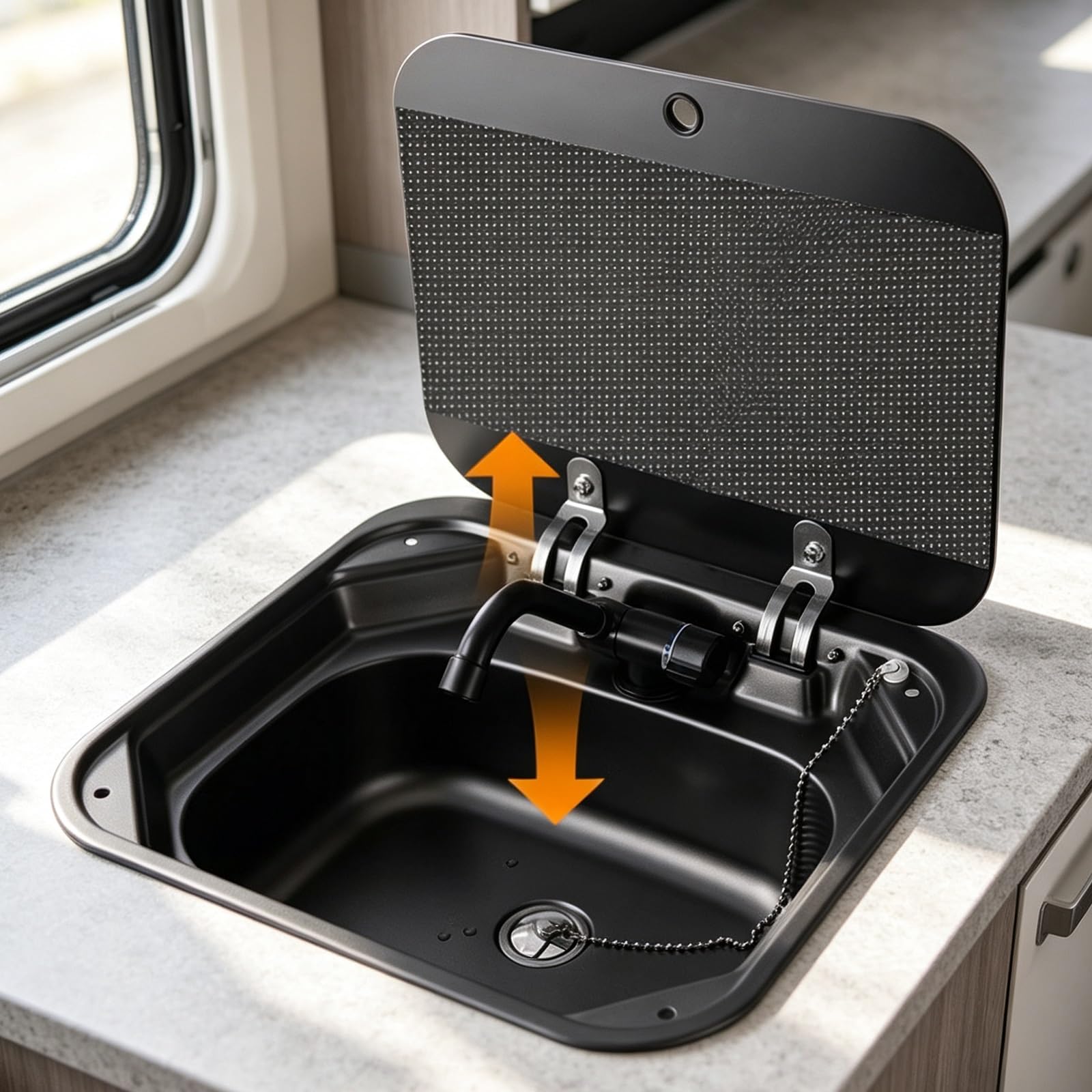 Whsmke Black Steel Stainless Steel Rv Kitchen Concealed Sink With Cover，Foldable Faucet