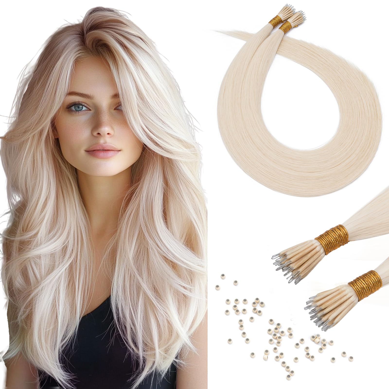 Benehair Nano Ring Hair Extensions Real Human Hair Extensions Nano #60 Platinum Blonde Straight Remy Invisible 50g/Pack 18 Inches