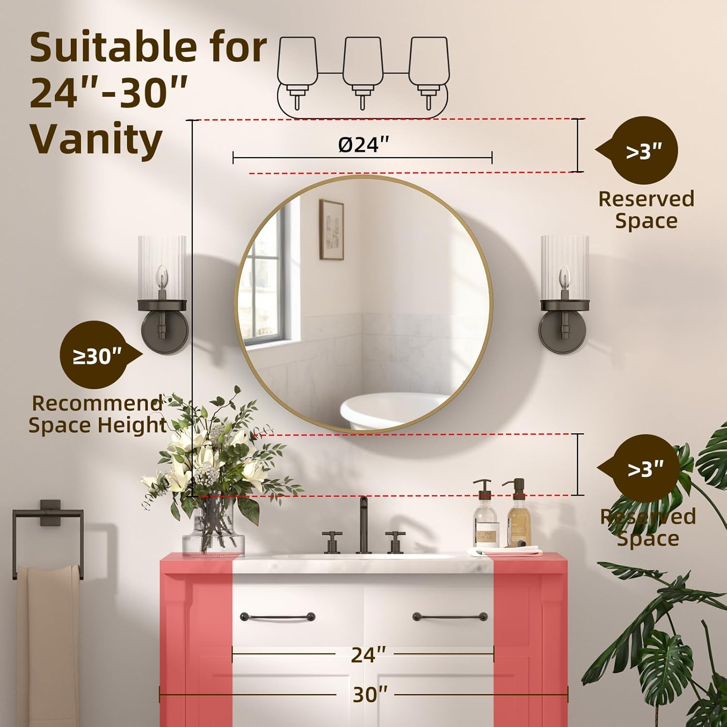 24 x 24 Inch Round Medicine Cabinet Mirror Gold,Circular Bathroom Mirror with Storage Wall Mounted,Metal Framed Medicine Cabinets with Tempered Glass Adjustable Shelves for Bathroom Vanity