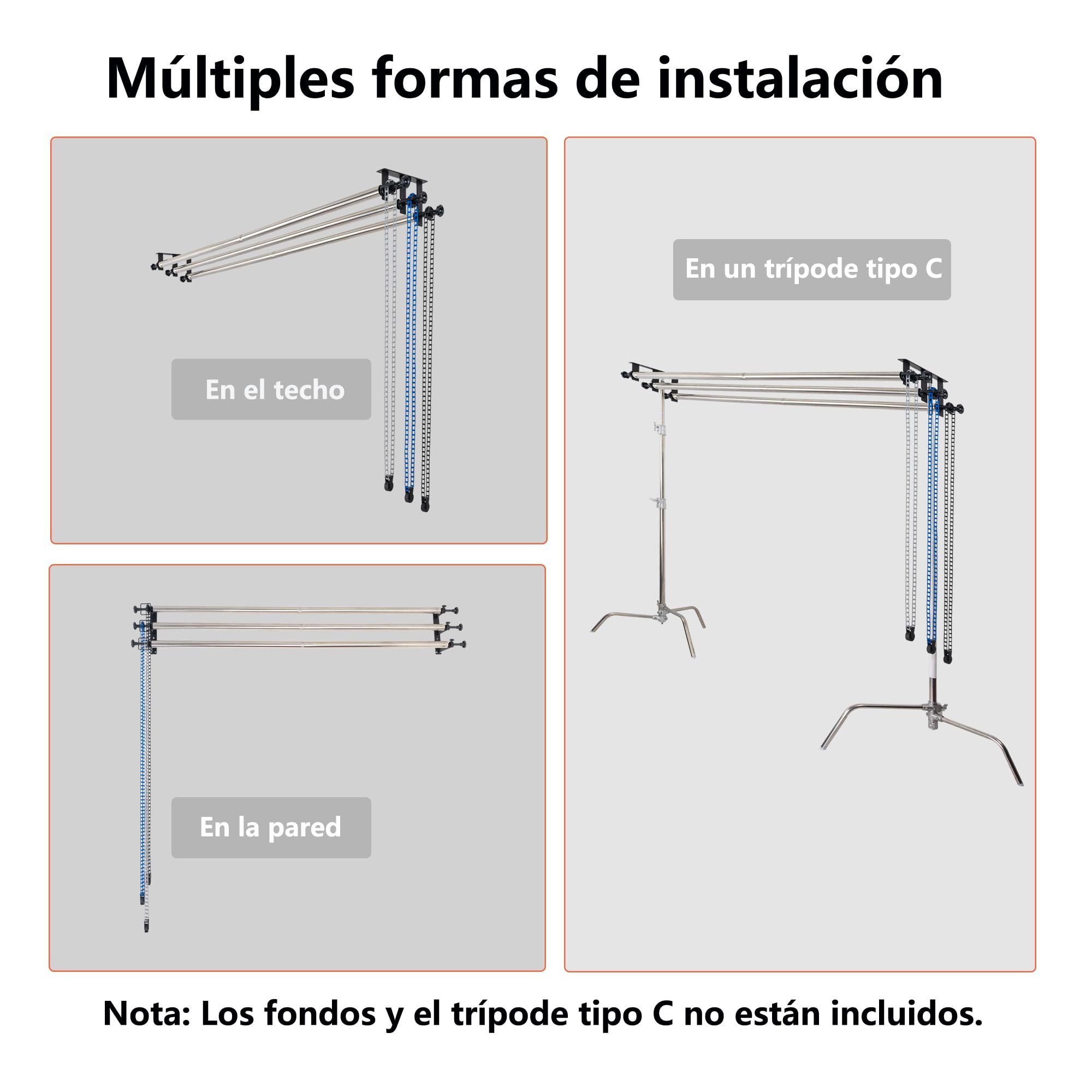 Sistema de Soporte de Rodillo para telón de Fondo de fotografía, 3 Rodillos con Cadenas, Barras transversales de Acero Inoxidable de 304 cm, Soporte de Pared, Soporte de luz, Soporte de